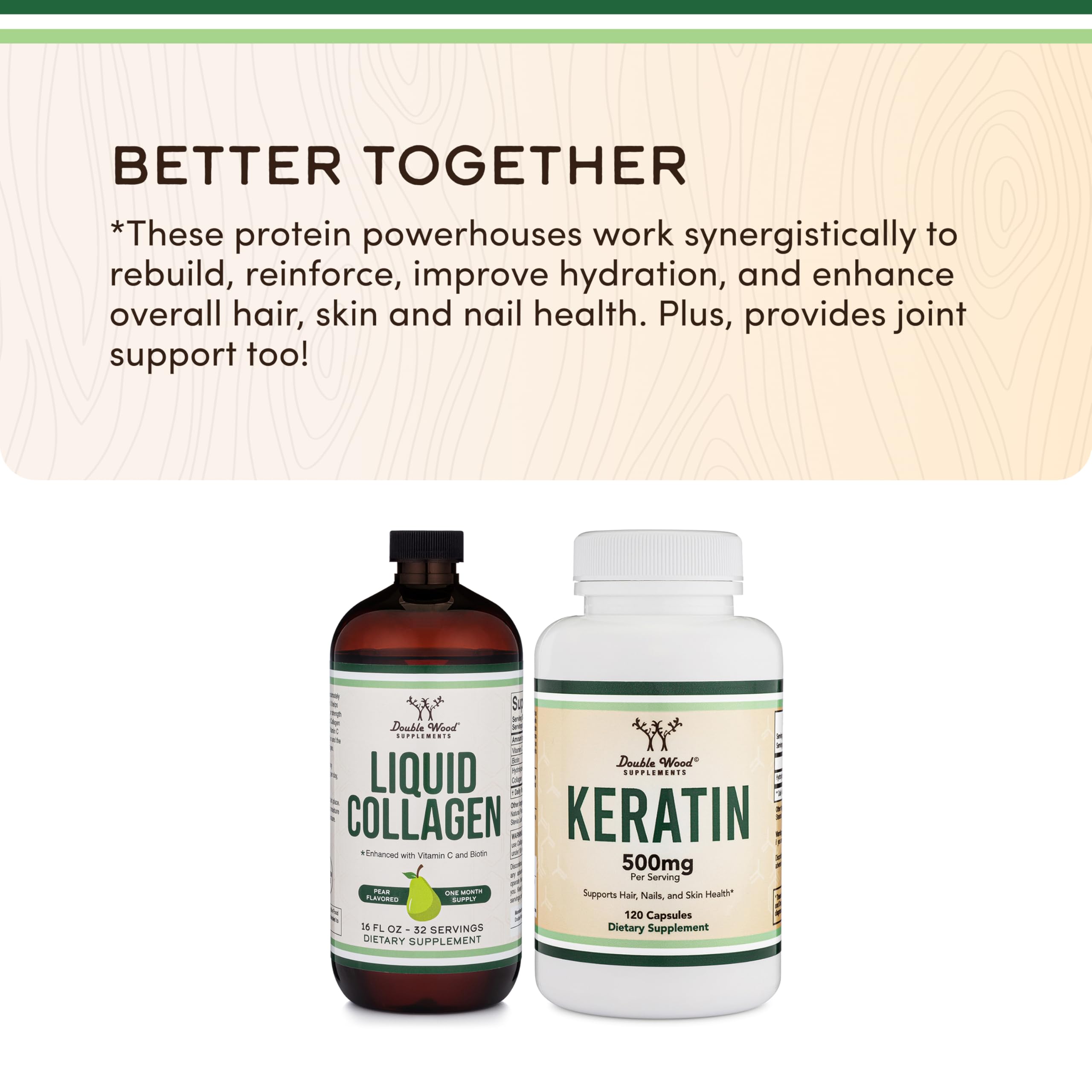 Double Wood Supplements Liquid Collagen - 2500mg of Hydrolyzed Bovine Collagen (Type 1, 3 and Grassfed) - 32 Servings - for Women and Men - 30 mcg of Biotin - Sugar Free Pear Flavor