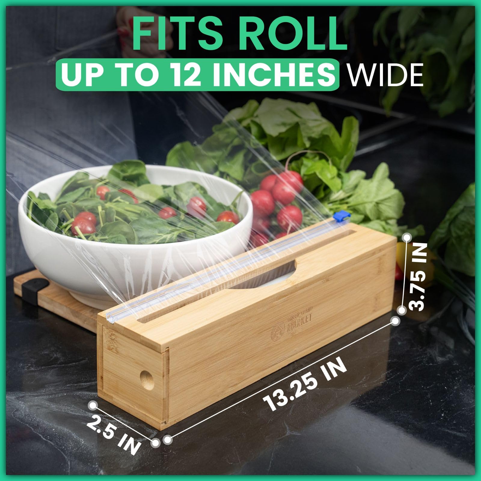 Plastic Wrap Dispenser with Cutter - Fits 12" Rolls - Cuts Aluminum Foil, Saran Wrap, Cling Wrap, Wax Paper