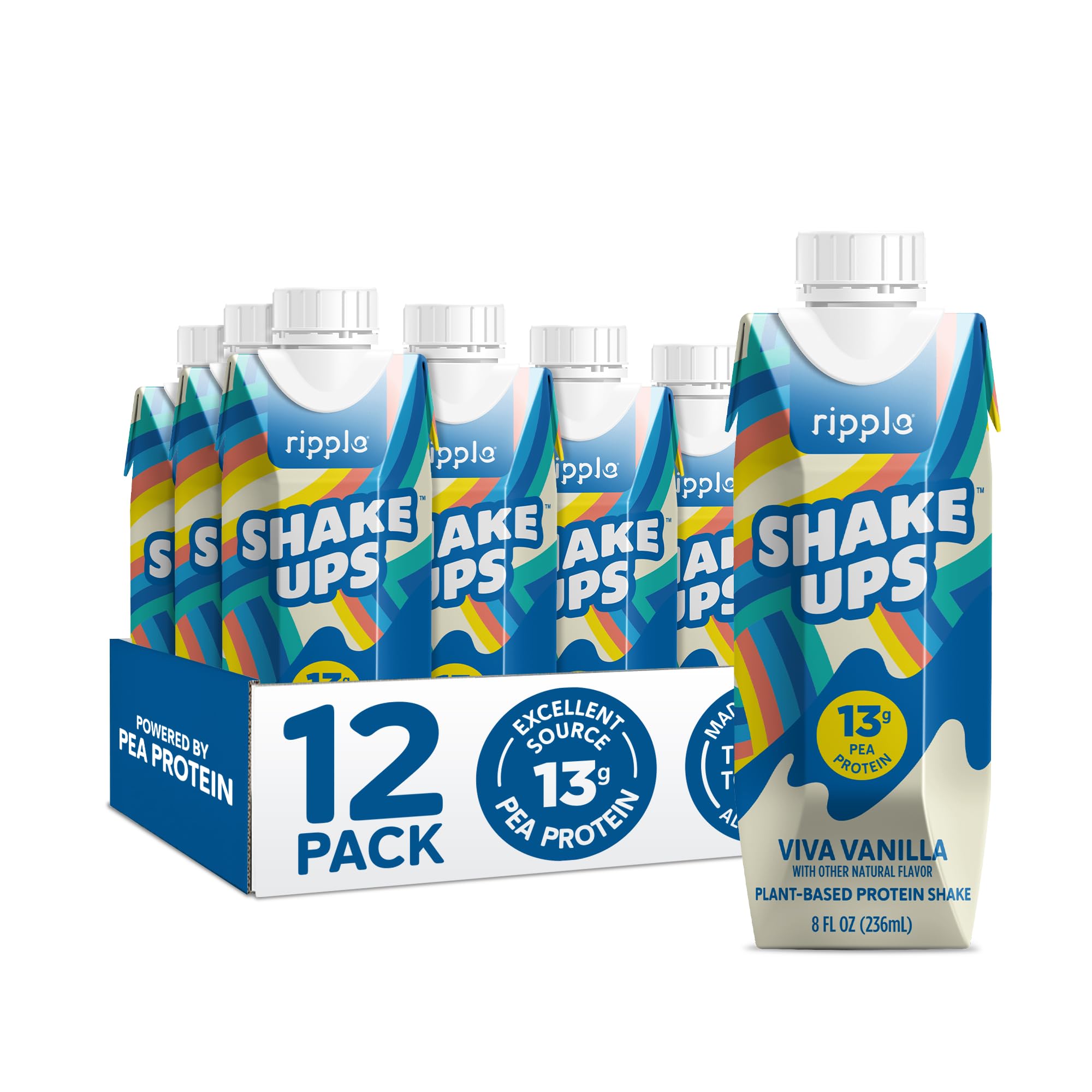 Ripple Kids Vanilla Plant Based Shake Ups | 13g of Quality Sourced Pea Protein, Calcium Rich | Shelf Stable | Vegan & Non GMO | Dairy, Soy, Nut, Gluten & Lactose Free | 8 Fl Oz Cartons (Pack of 12)