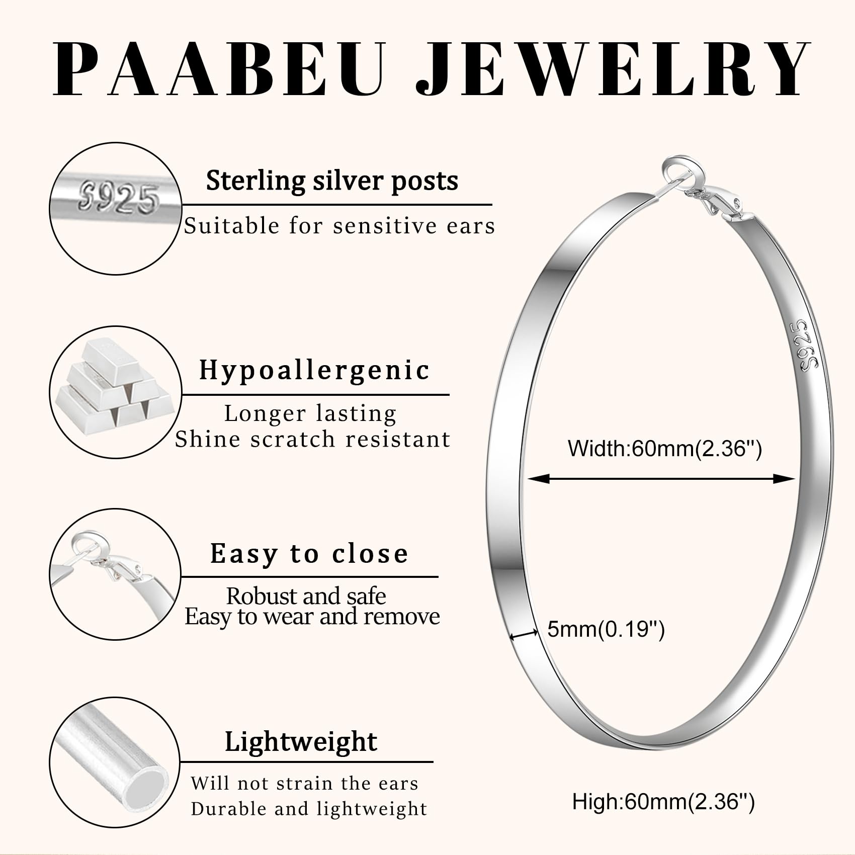 PABBEU Silver Hoop Earrings for Women Lightweight Large S925 Sterling Silver Hoop Earrings Hypoallergenic Big Silver Hoops Earrrings for Girls 60mm