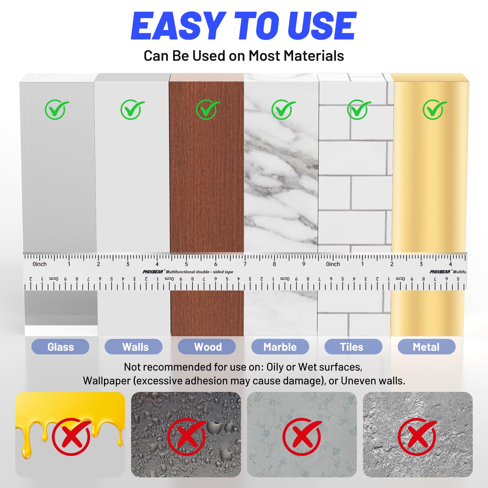 PHIXBEAR Double Sided Tape Heavy Duty, Heat Resistant and Removable, Clear Mounting Nano Tape with Measurement Guide (Printed Inch/cm Backing) Ideal for Home, Office, and Picture Hanging 1.18" x 9.85'