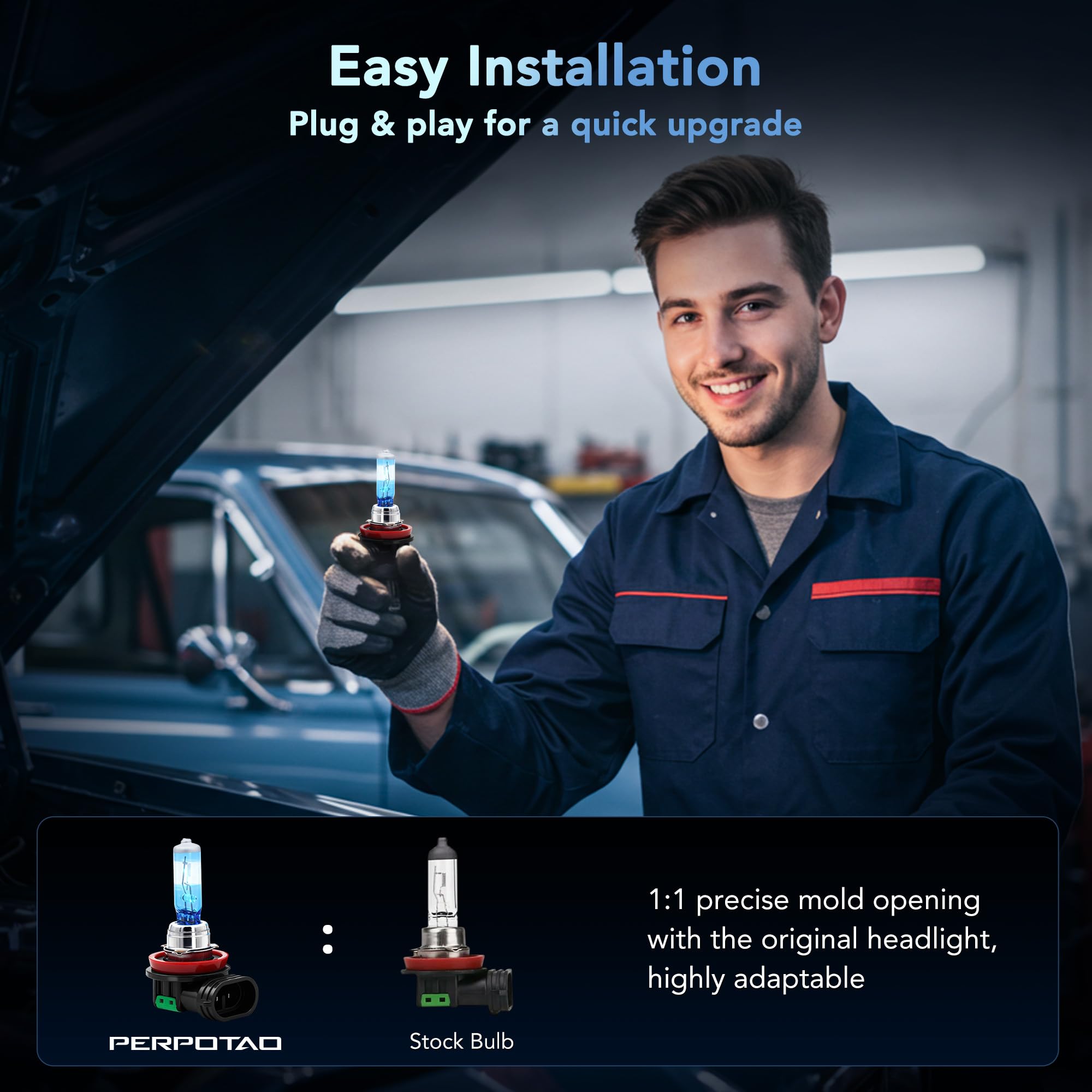 PERPOTAO H11 Halogen Bulbs, 12V 55W, 3800K Warm White, High Performance, Brighter Clear Light, High/Low Beam & Fog Light Bulb Replacement, Long Life, Plug and Play, 2 Pack