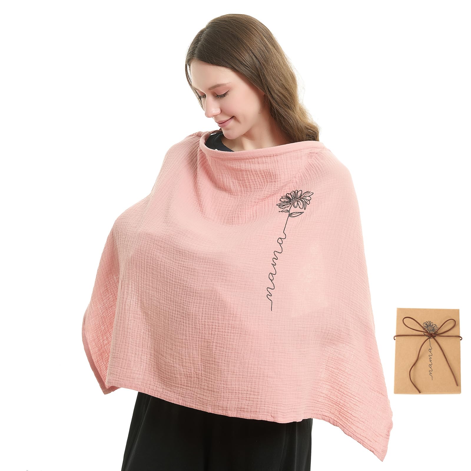 RWRWMOONPUT Muslin Nursing Cover for Baby Breastfeeding, Nursing Clothes with hoop for Mom Breathable, Cotton Multi-use Carseat Canopy (Coral almond)