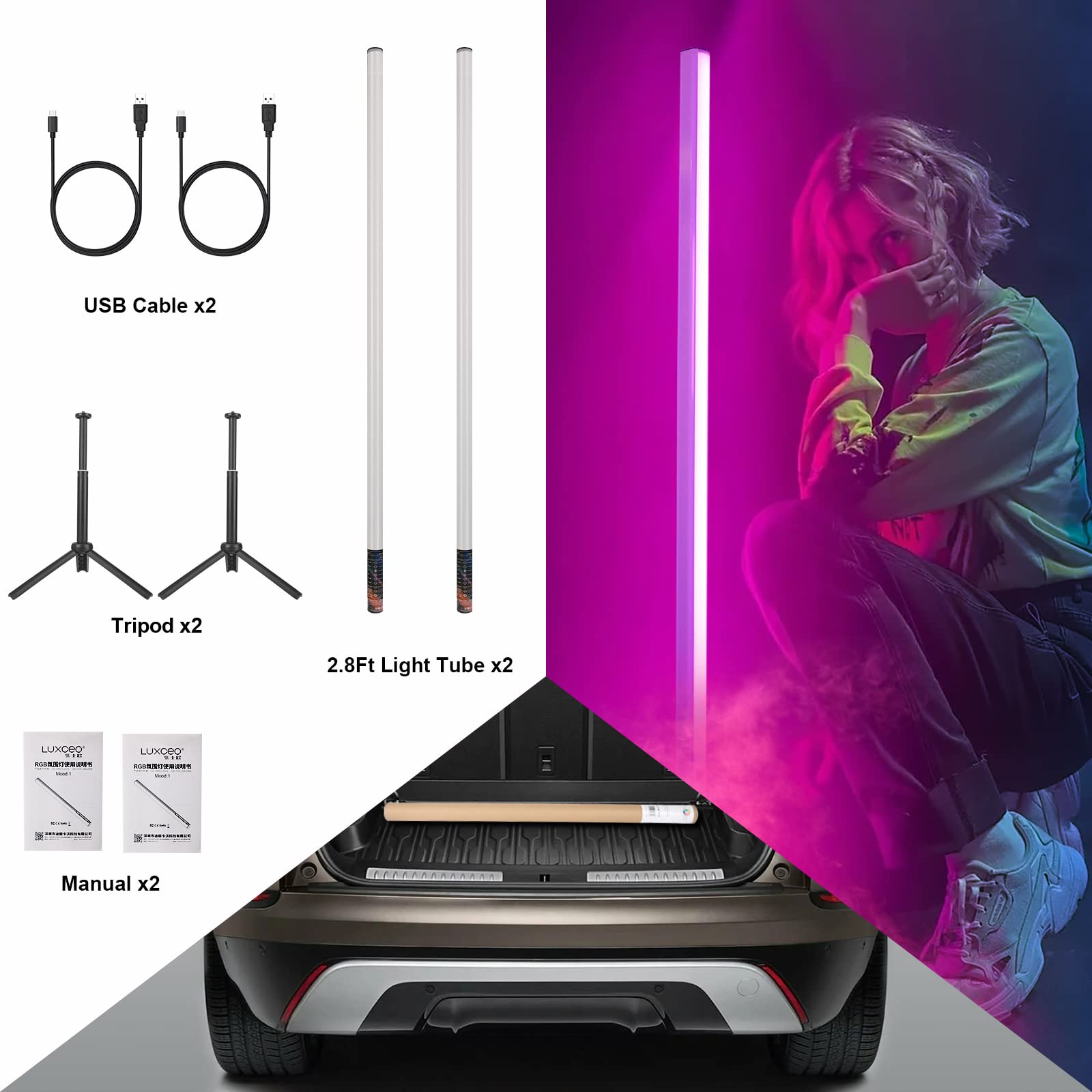 LUXCEO 2Pack RGB Tube Light Bar (2.8Ft) with Stand, Battery Powered LED Video Light Wand Stick for DJ & Photography