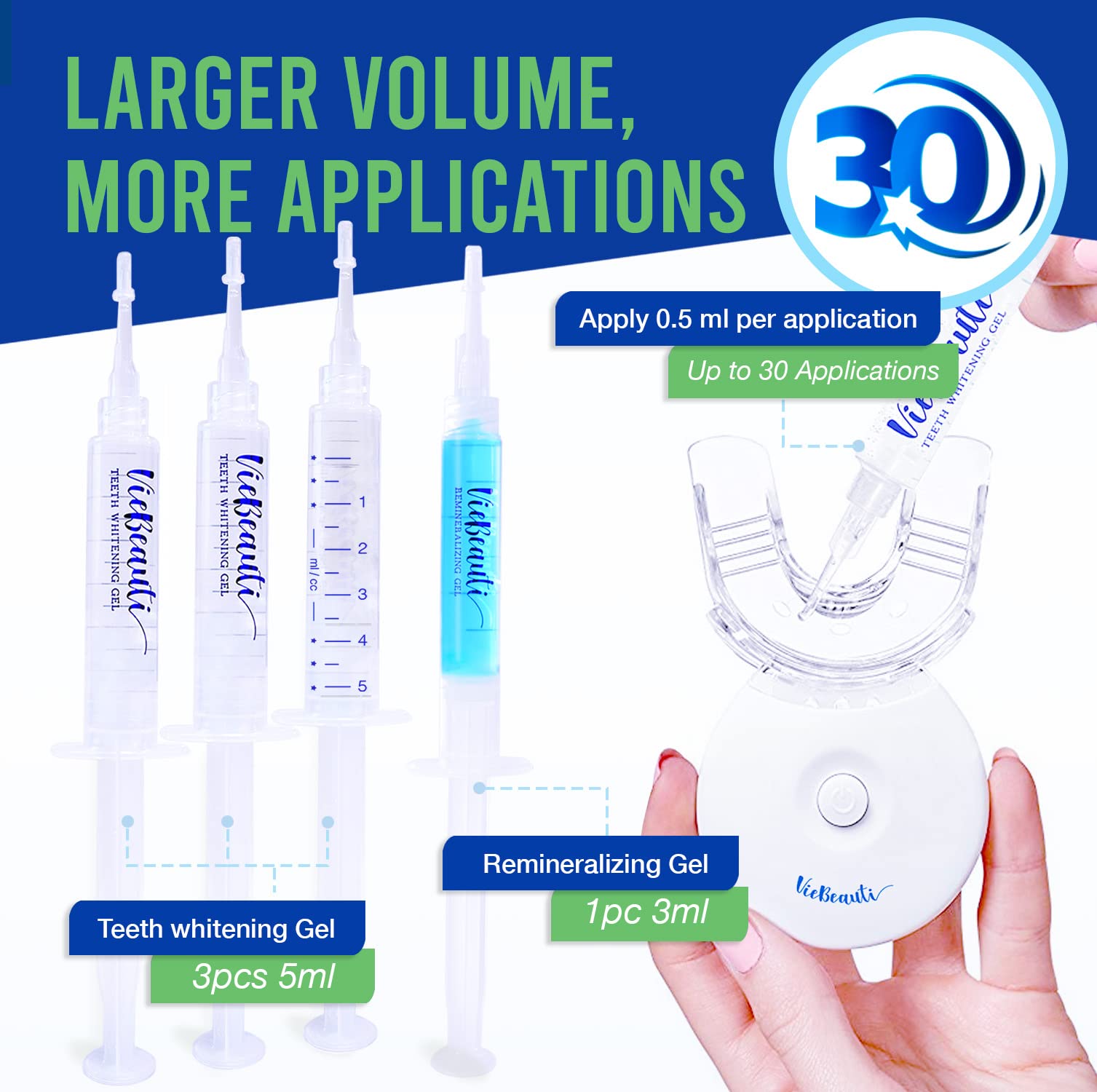 VieBeauti Teeth Whitening Kit - 5X LED Light Tooth Whitener with 35% Carbamide Peroxide, Mouth Trays, Remineralizing Gel and Tray Case - Built-in 10 Minute Timer Restores Your White Smile Mint