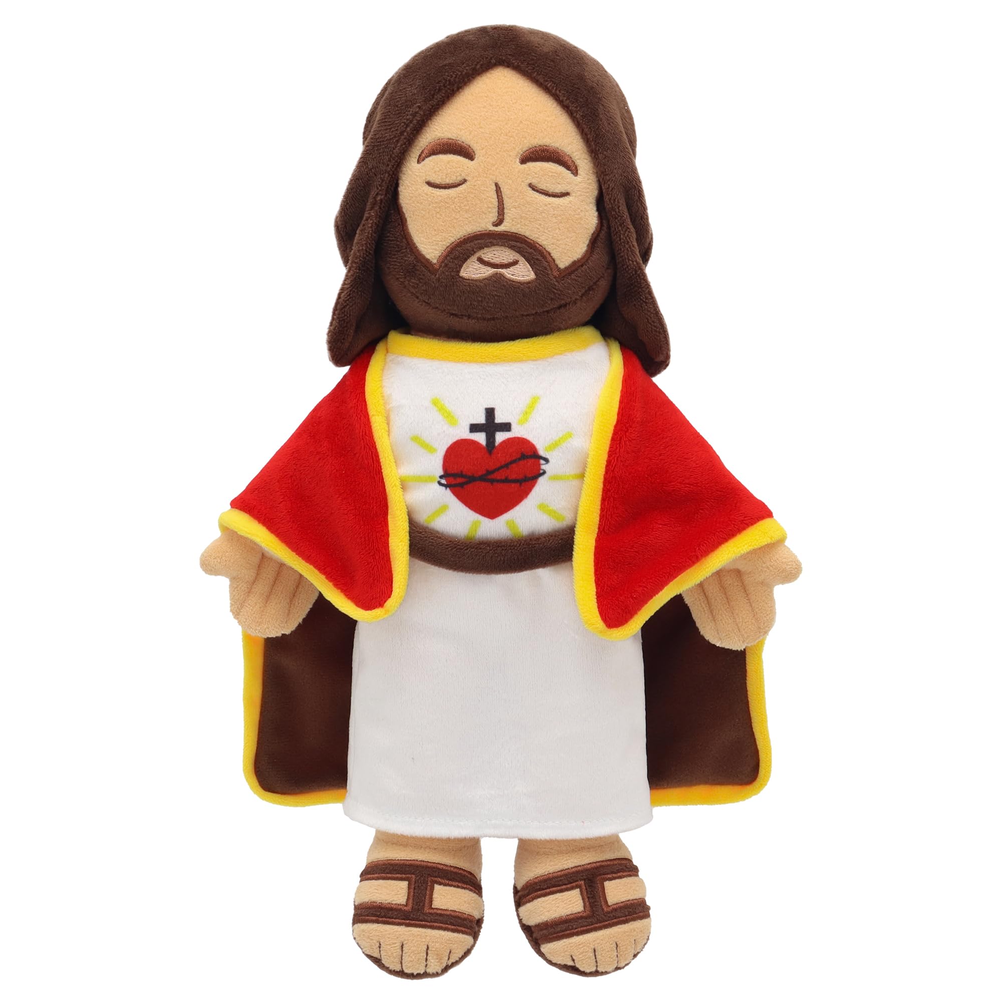Yelakey 13.4" Jesus Plush Doll for Kids Jesus Plushie with Red Gold-Trimmed Shawl Christian Religious Gift Decoration for Christening Easter (Brown)