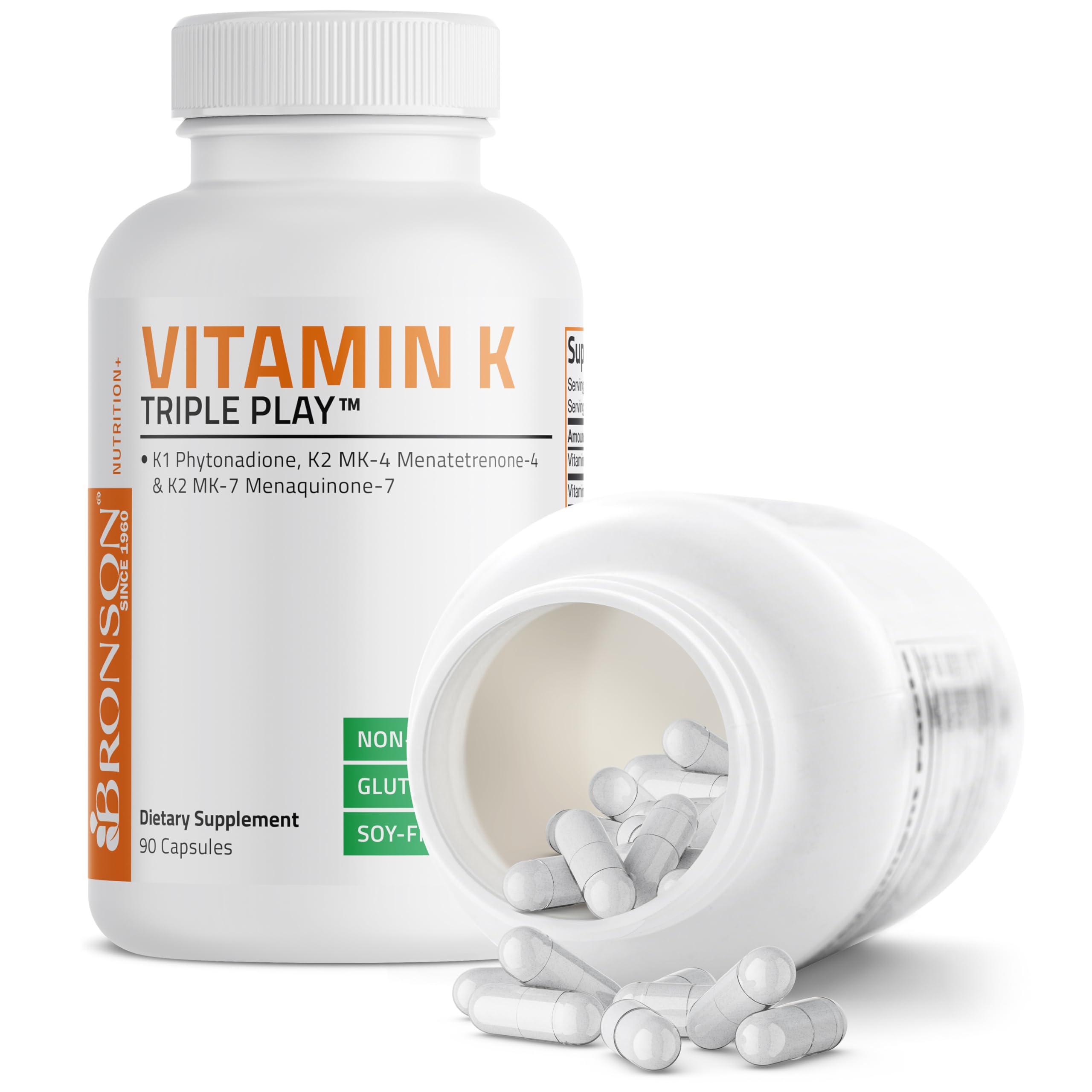Bronson Vitamin K Triple Play (Vitamin K2 MK7 / Vitamin K2 MK4 / Vitamin K1) Full Spectrum Complex Vitamin K Supplement, 90 Capsules