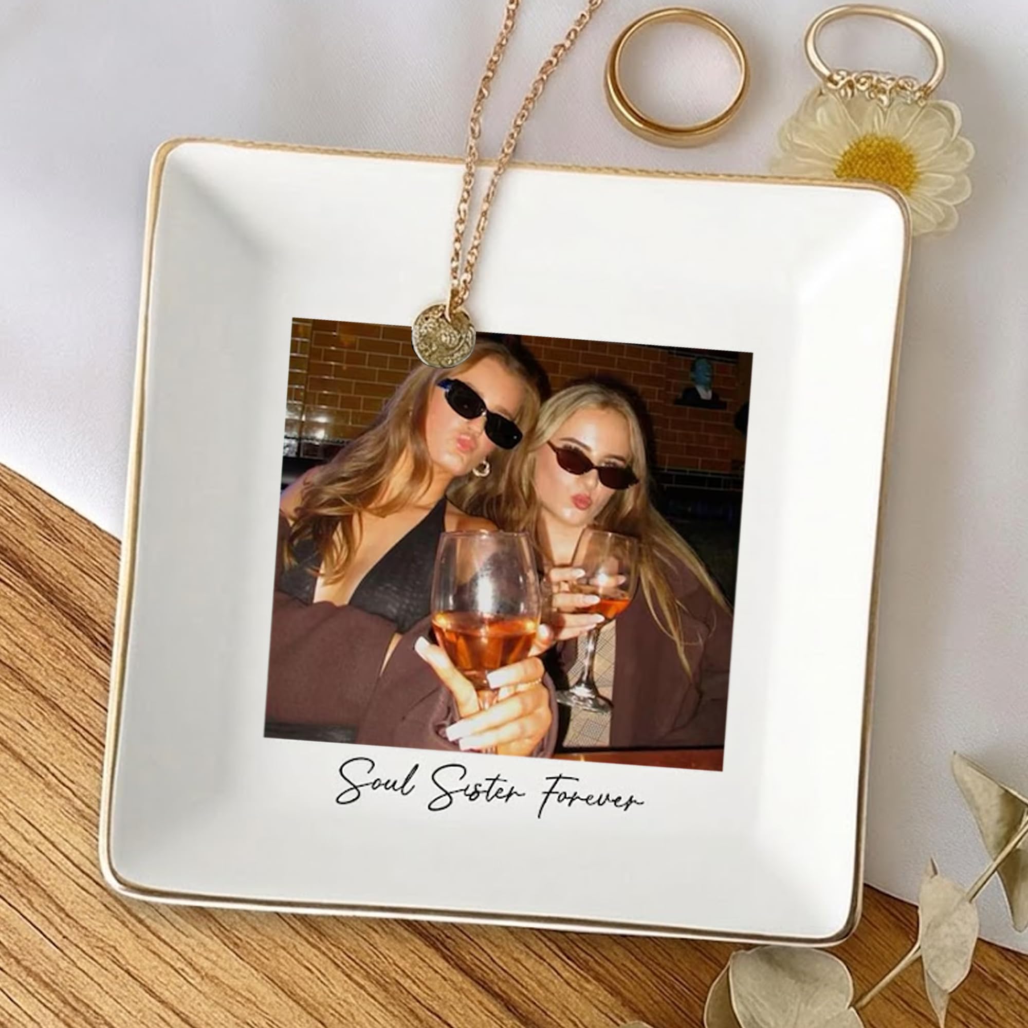 Hugsly Personalized Besties Photo Ring Dish, Custom Jewelry Dish Gift for Besties, Soul Sister Trinket Gift for Long Distance Friendship Women BFF Anniversary Birthday Wedding Gifts 1