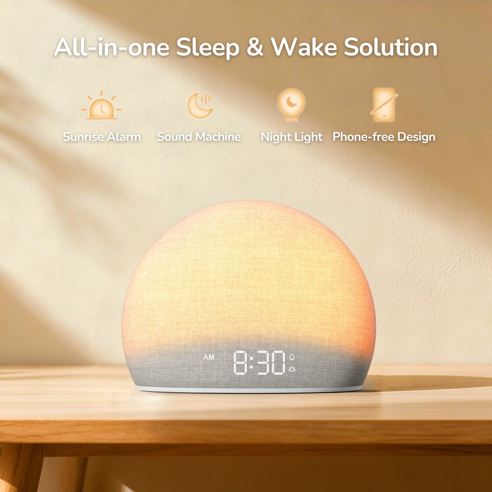 HOUSBAY Sunrise Alarm Clock, White Noise Sound Machine for Bedroom | Natural Wake-Up Light with Gentle Alarm Sounds, 20 Soothing Sleep Aids, Dimmable Display, Screen-Free Design