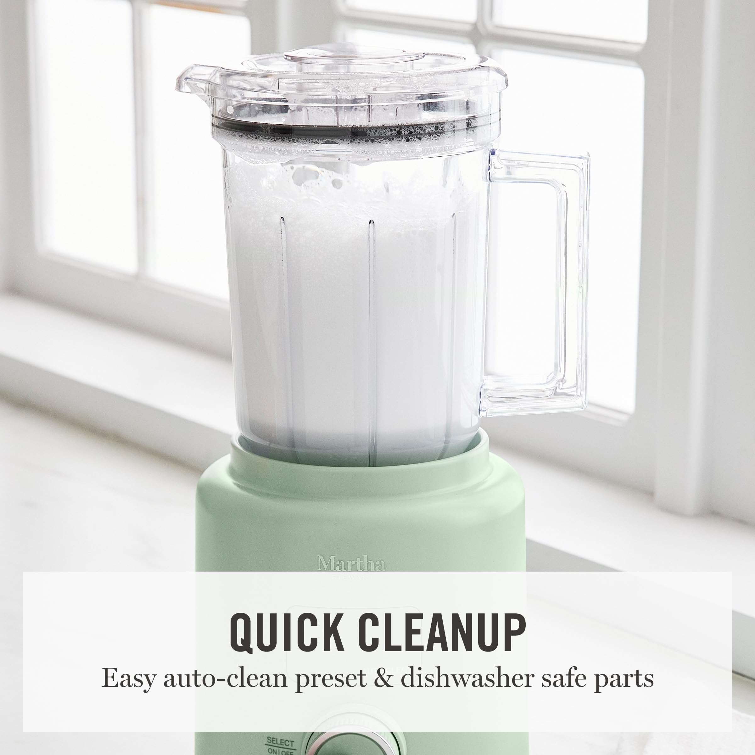 Martha Stewart Countertop Blender, 50oz Jar, 6 Stainless Steel Blades 3 Speeds & 5 Presets, Auto Clean, Smoothies, Crush Ice, Shakes, Chop, Margarita, Measurement Markings, 700W, Honeydew Green
