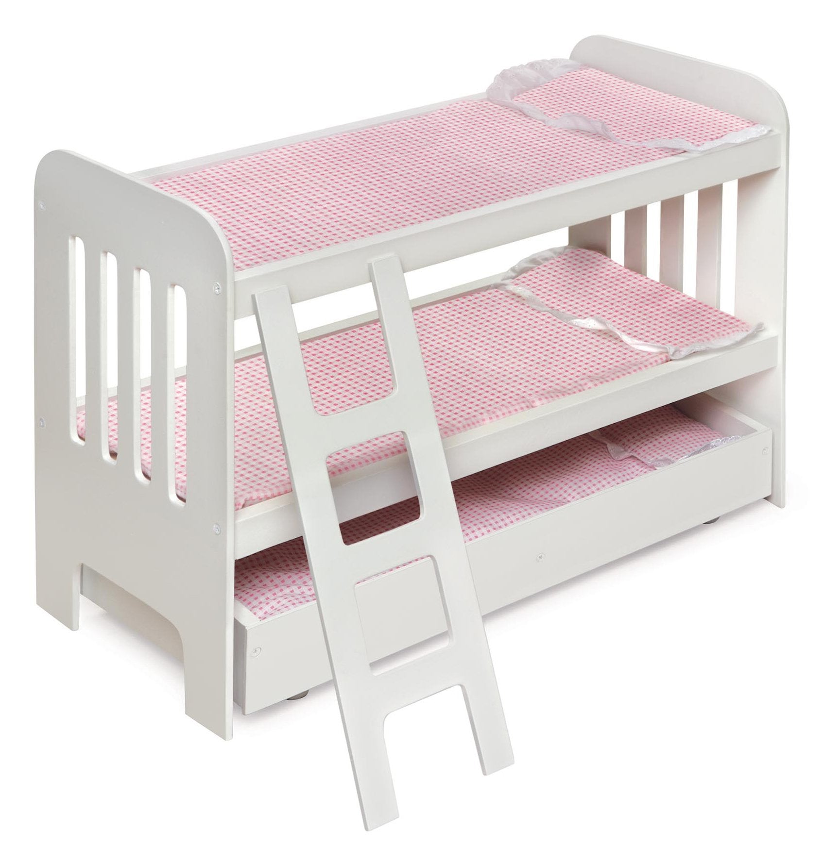 Badger Basket Wooden Trundle Doll Bunk Bed with Ladder, Bedding, and Personalization Kit - Fits 18-22 Inch Dolls, White/Pink for Pretend Play