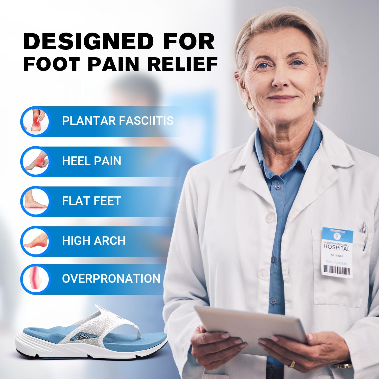 PCSsole Plantar Fasciitis Sandals for Women - High Arch Support Flip Flops with Comfort Cushion & Rubber Sole - Recovery Thong Orthotic Sandals for Foot Pain - Flat Feet - Arch Pain - Heel Pain