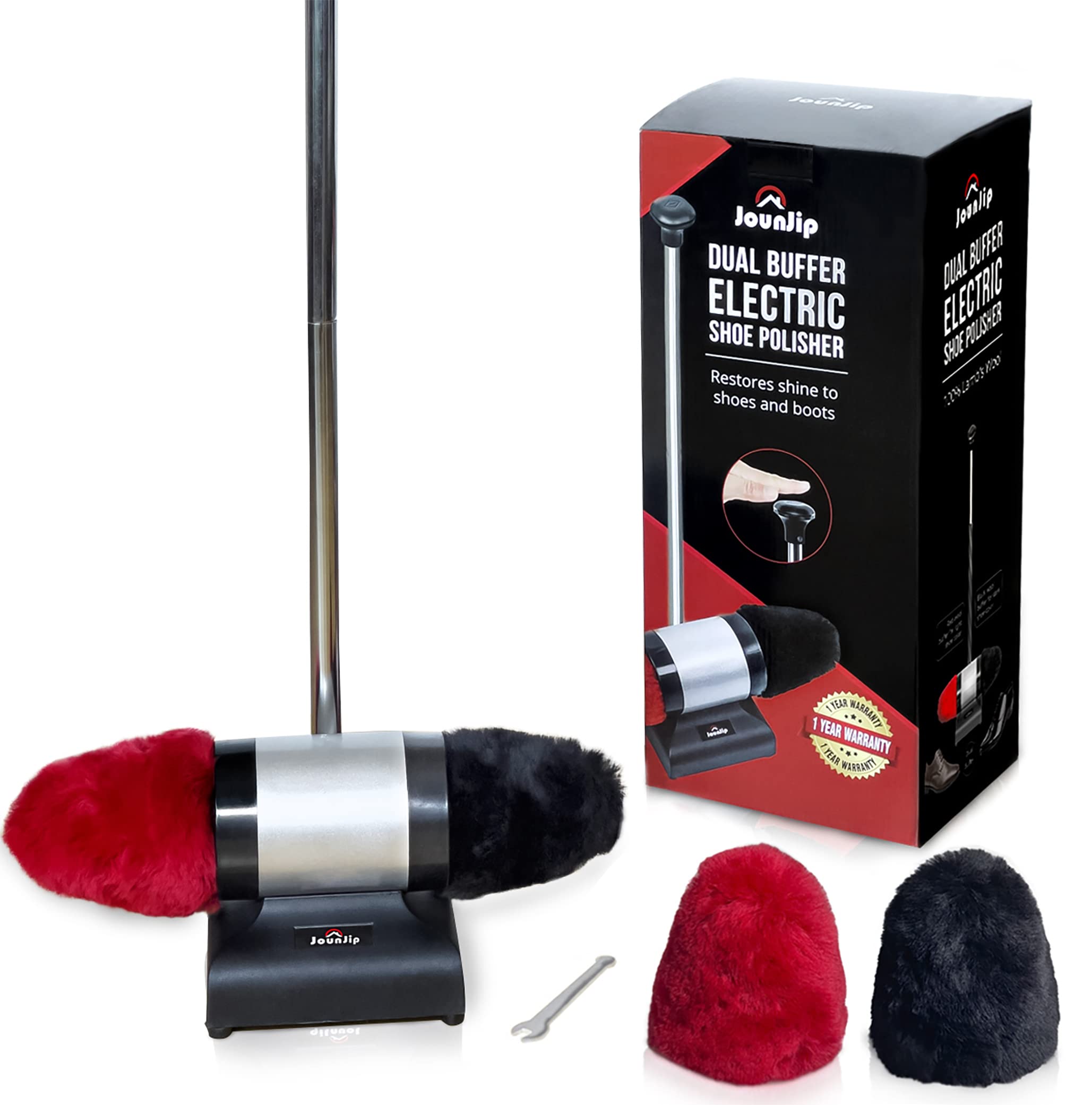 JOUNJIP Electric Shoe Shine Polisher - Deluxe Kit with 4 Buffer Covers - 100% Natural Lamb Wool