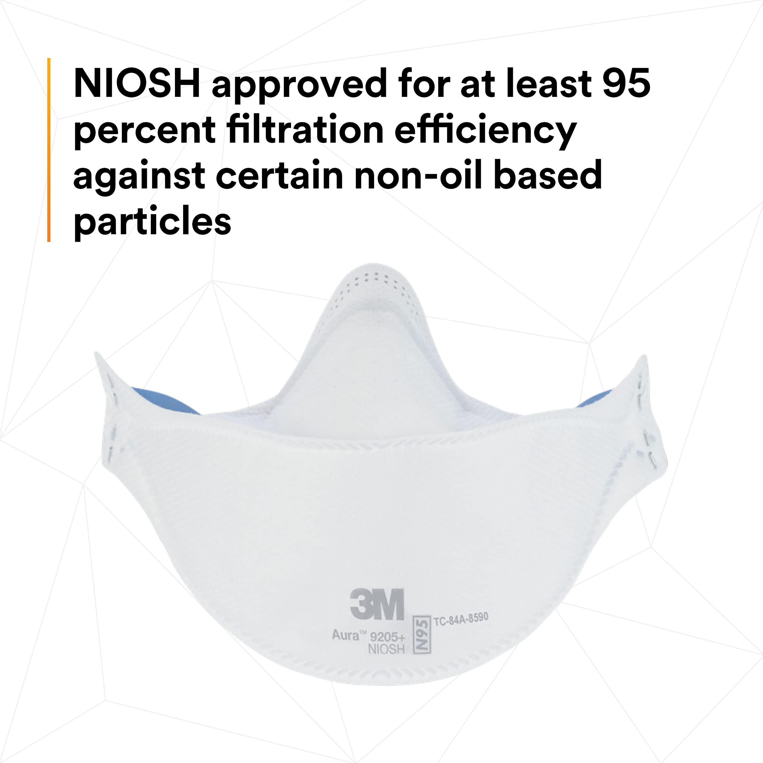 3M Aura Particulate Respirator 9205+, N95, Pack of 20 Disposable Respirators, Individually Wrapped, 3 Panel Flat Fold Design Allows for Facial Movements, Comfortable, NIOSH Approved, Smoke