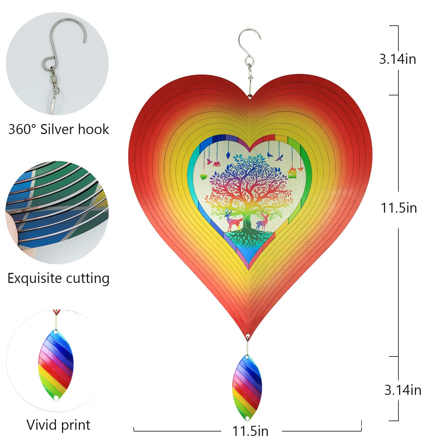 Heart Wind Spinners for Yard and Garden, 3D Metal Ornaments Garden Decor Gifts Stainless Steel Heart Pattern Spinners with 360° Rotating Hook