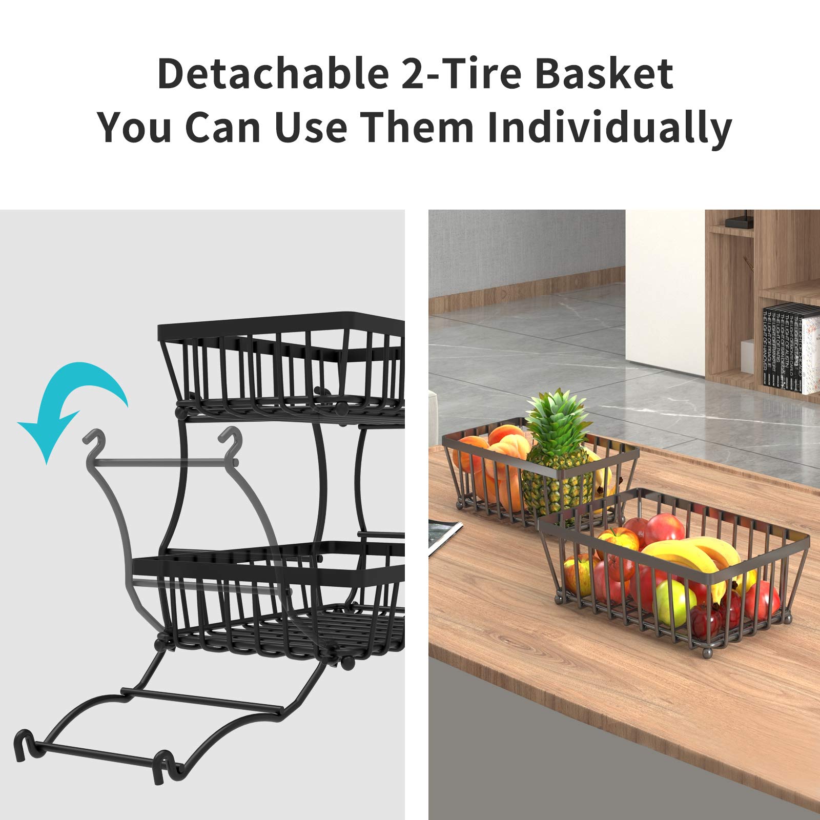 Apsan 2 Tier Fruit Basket, Countertop Fruit Vegetable Basket Bowl for Kitchen Counter, Detachable Metal Wire Storage Basket Fruits Stand Holder Organizer for Bread Snack Veggies Produce,Black