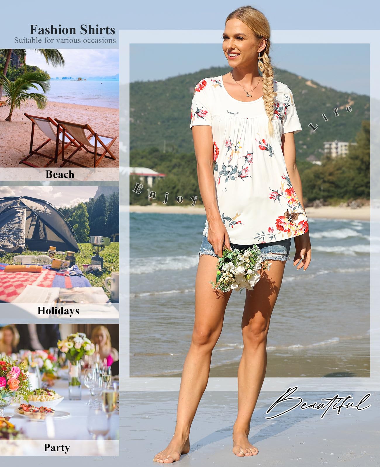 CATHY Women's 2025 Summer Short Sleeve Tunic Tops Loose Fit Comfy Blouses Casual Shirts for Leggings M-4XL,3XL,Floral White