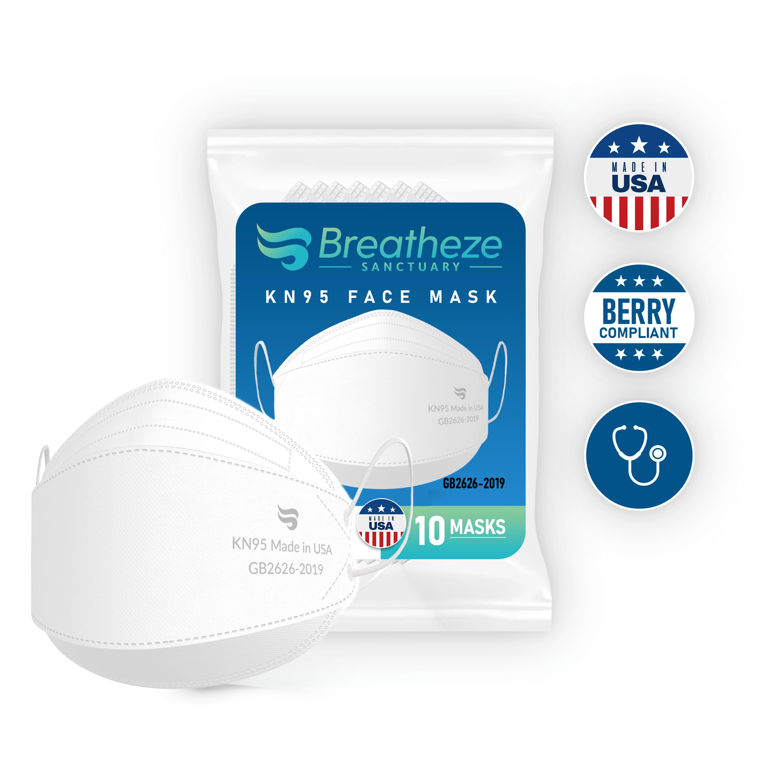 Breatheze KN95 Face Masks Made In USA FDA Registered - Disposable KN95 Mask - 3D Style, White 50-pack