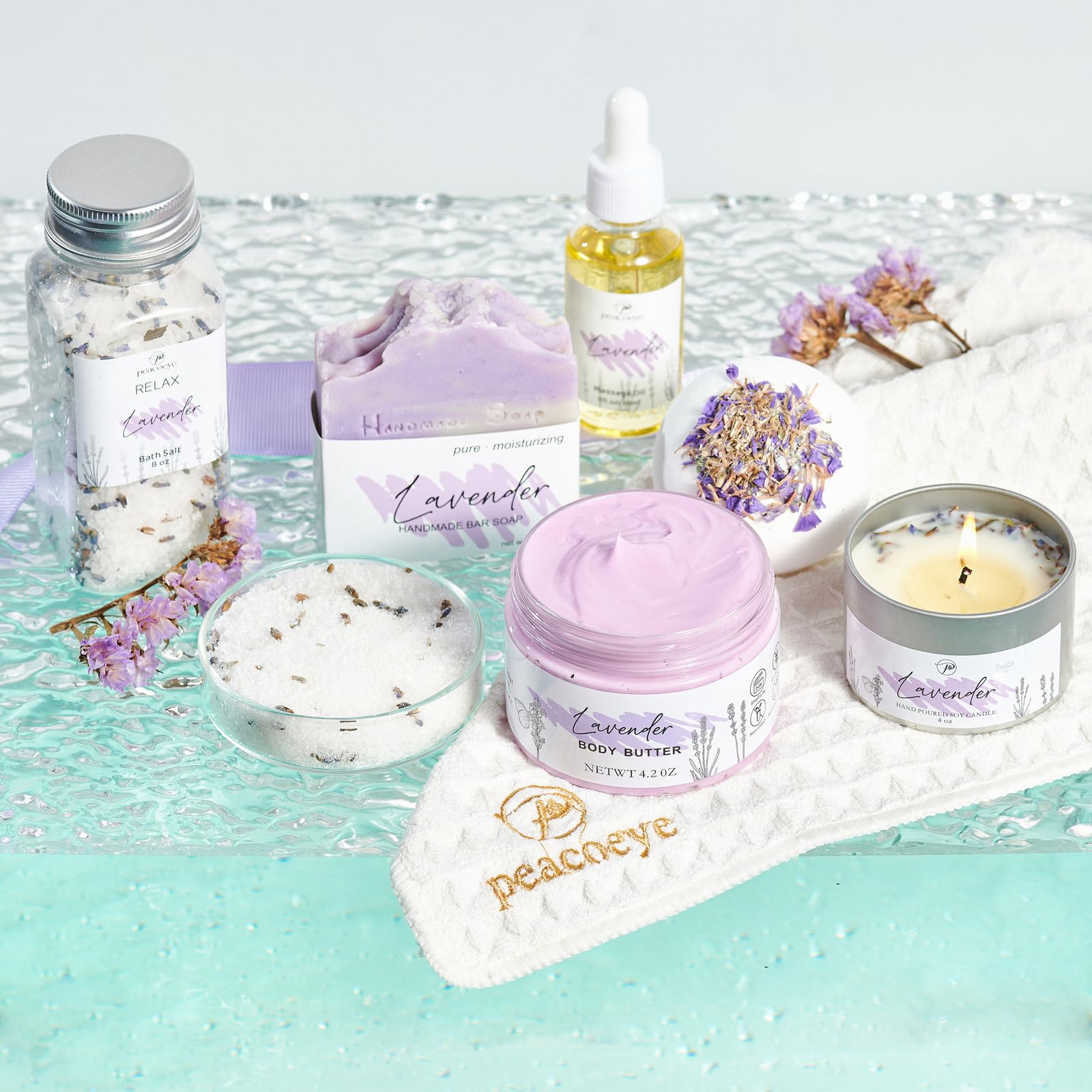 Peacoeye Gifts for Women Spa Gifts Lavender Bath Gift Baskets Relaxing Self Care Gift for Mom Her Sister Wife Auntie Home Bath Kit Care Package Birthday Friendship Gift Ideas