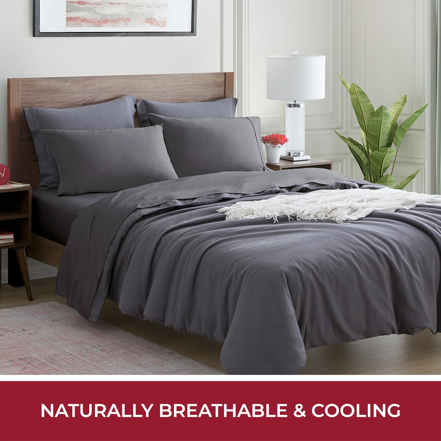 Mellanni 400 Thread Count Cotton Sateen Bedding Set - 4 Piece White Bed Sheets Set - Fits Mattresses up to 16" Deep - Cooling Sheet for Hot Sleepers (Queen, Light Gray)