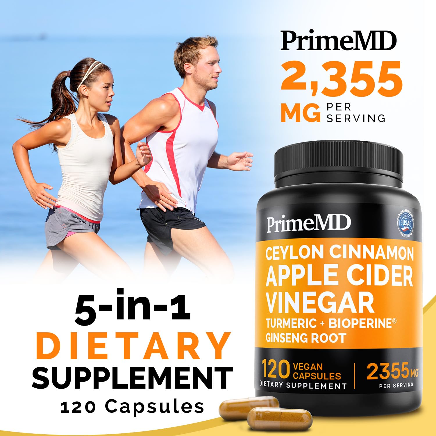 5-in-1 Ceylon Cinnamon Capsules 2355mg - Ceylon Cinnamon and Apple Cider Vinegar Capsules - Turmeric and Panax Ginseng Capsules - Cinnamon Supplements with Bioperine, 120 ct