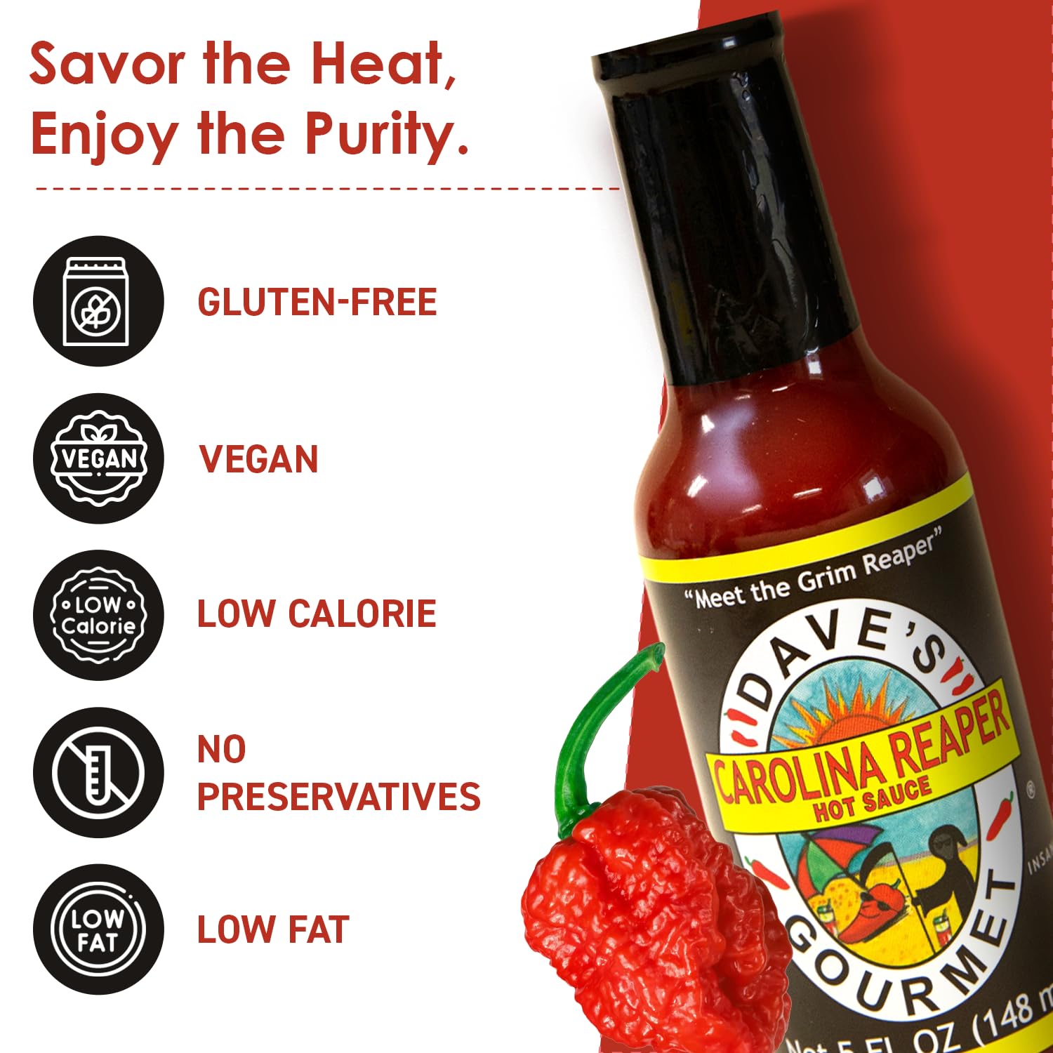 Dave's Gourmet Carolina Reaper Hot Sauce - Insanely Hot & Bold Flavor - Carolina hot pepper - Ideal for Tacos, Wings, Marinades & More - Gluten Free Hot Sauce - 5oz Bottles (Pack of 3)