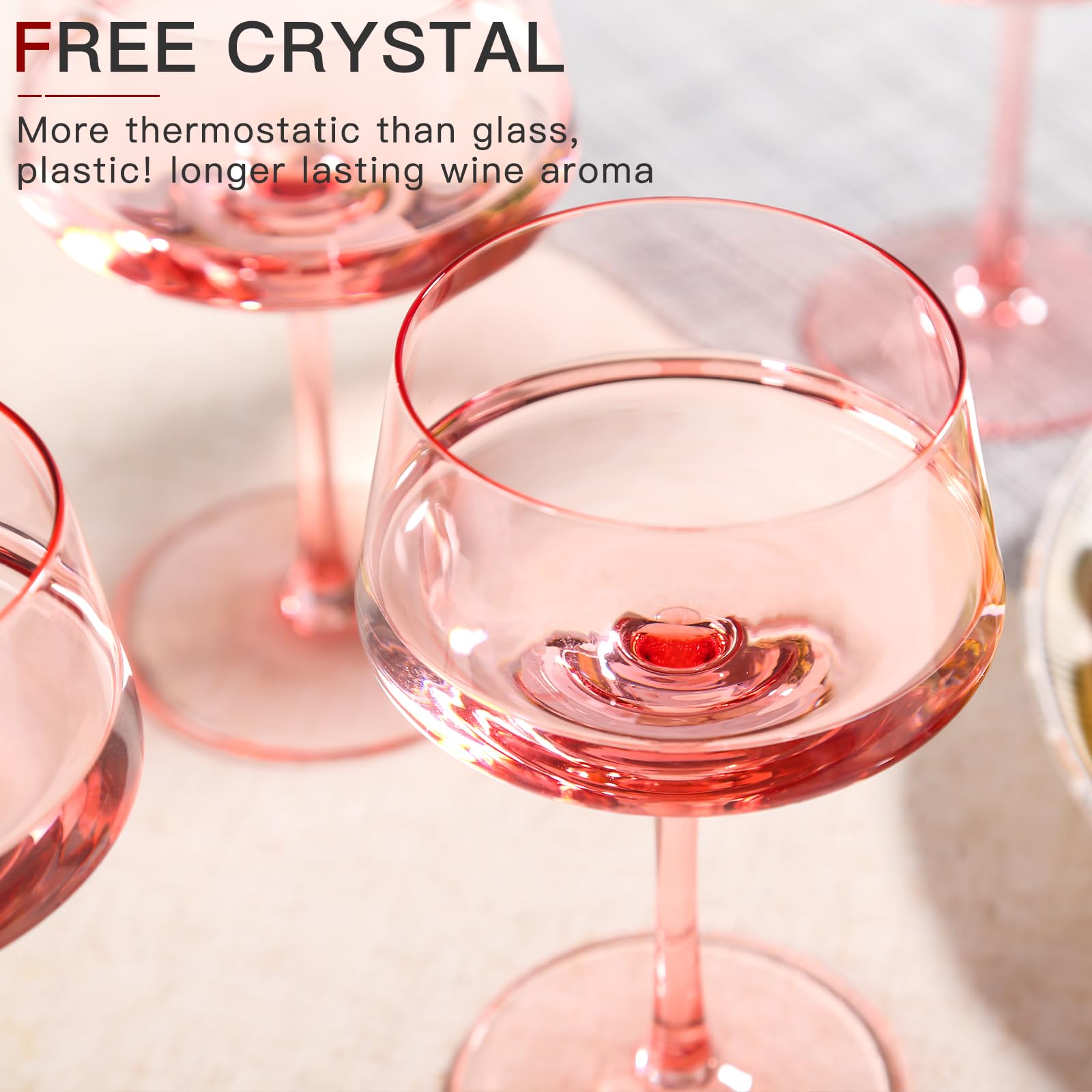 Pink Coupe Glasses Set of 6 - 13 oz Large Capacity Martini Glassware - Versatile Tall Cocktail Glasses- Hand-Blown Colored Champagne Coupe Glass-Art Deco Cocktail Glasses Set-Wedding,Christmas Gifts