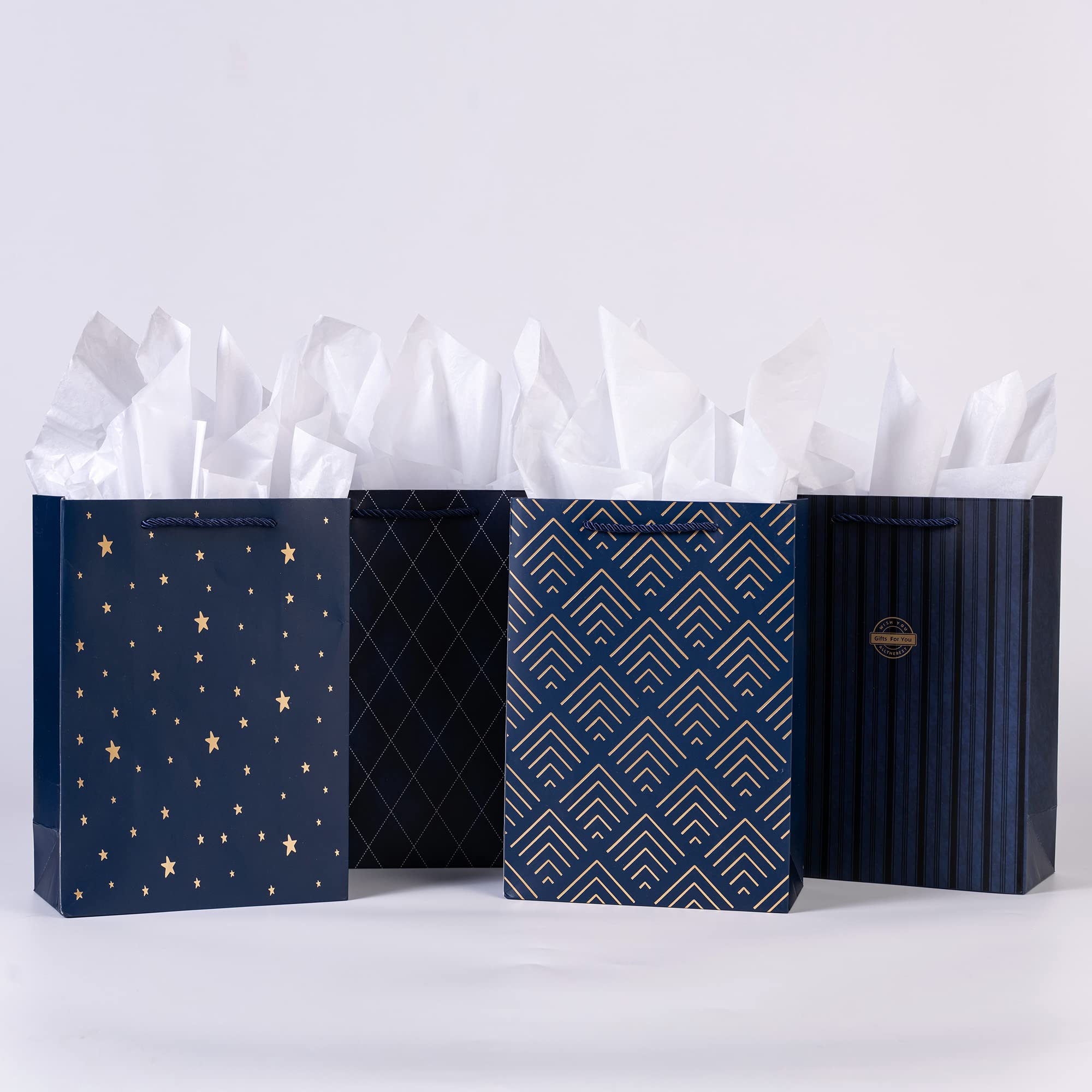 SHIPKEY Gift Bags, 10 Pack Navy Blue with Gold Foil Stars, Kraft Paper Bags with Handles, Bulk for Men, Groomsmen, Christmas Gifts, 8x4x11inch, Includes Tissue Paper
