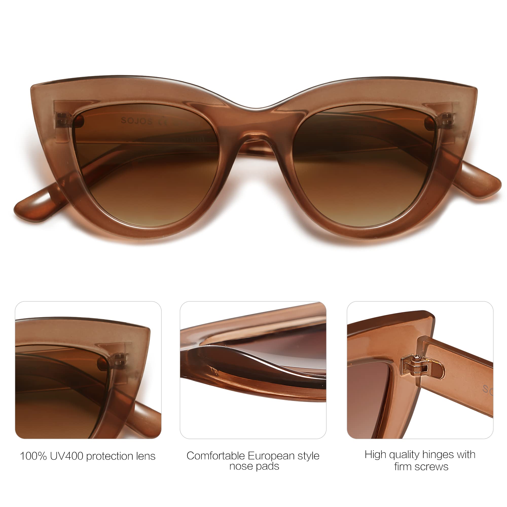 SOJOS Retro Small Vintage Cat Eye Sunglasses for Women Cute Fashion UV400 Sunnies SJ2939, Dark Brown/Brown