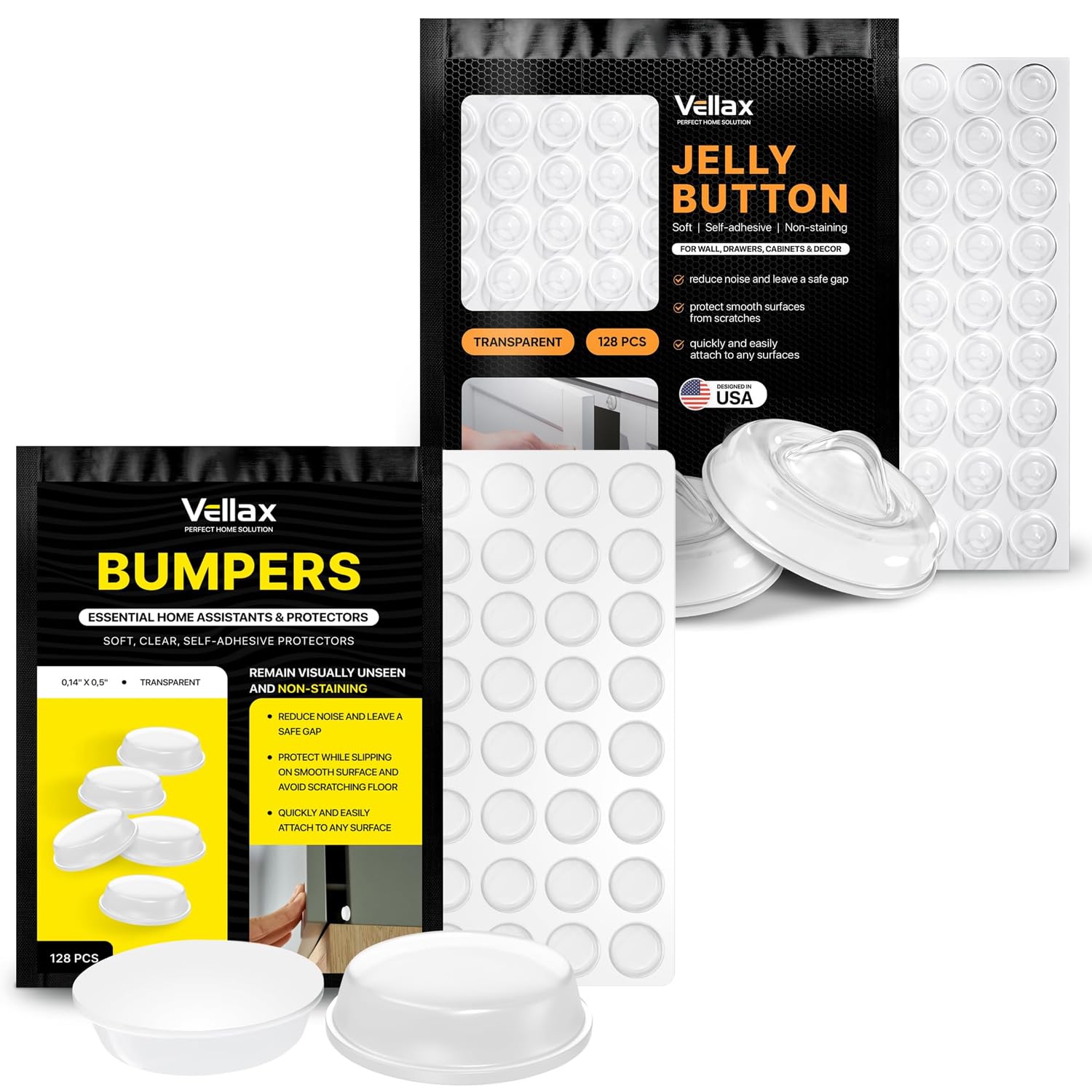 Vellax Cabinet Door Bumpers - Self Adhesive Pads, Cabinet Stoppers, Rubber Bumpers for Drawers, Cupboards, Cutting Boards, Glass Tops, Picture Frames, Kitchen Furniture