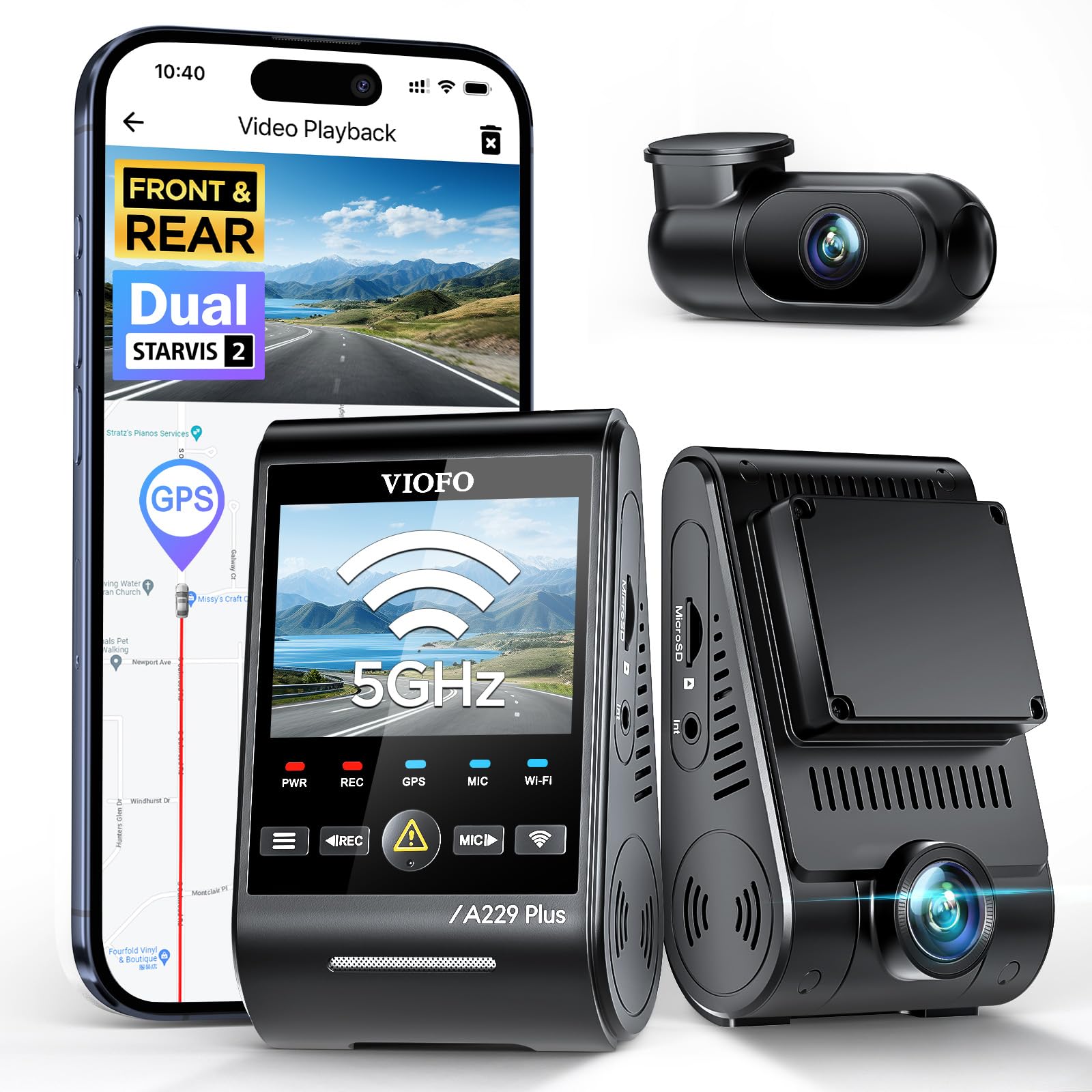 VIOFO A229 Plus Dash Cam Front and Rear, Dual STARVIS 2 Sensors, 2 Channel HDR, 1440P+1440P Voice Control Car Dash Camera, 5GHz Wi-Fi, Ultra-Precise GPS, 24 Hours Parking Mode, Support 512GB Max
