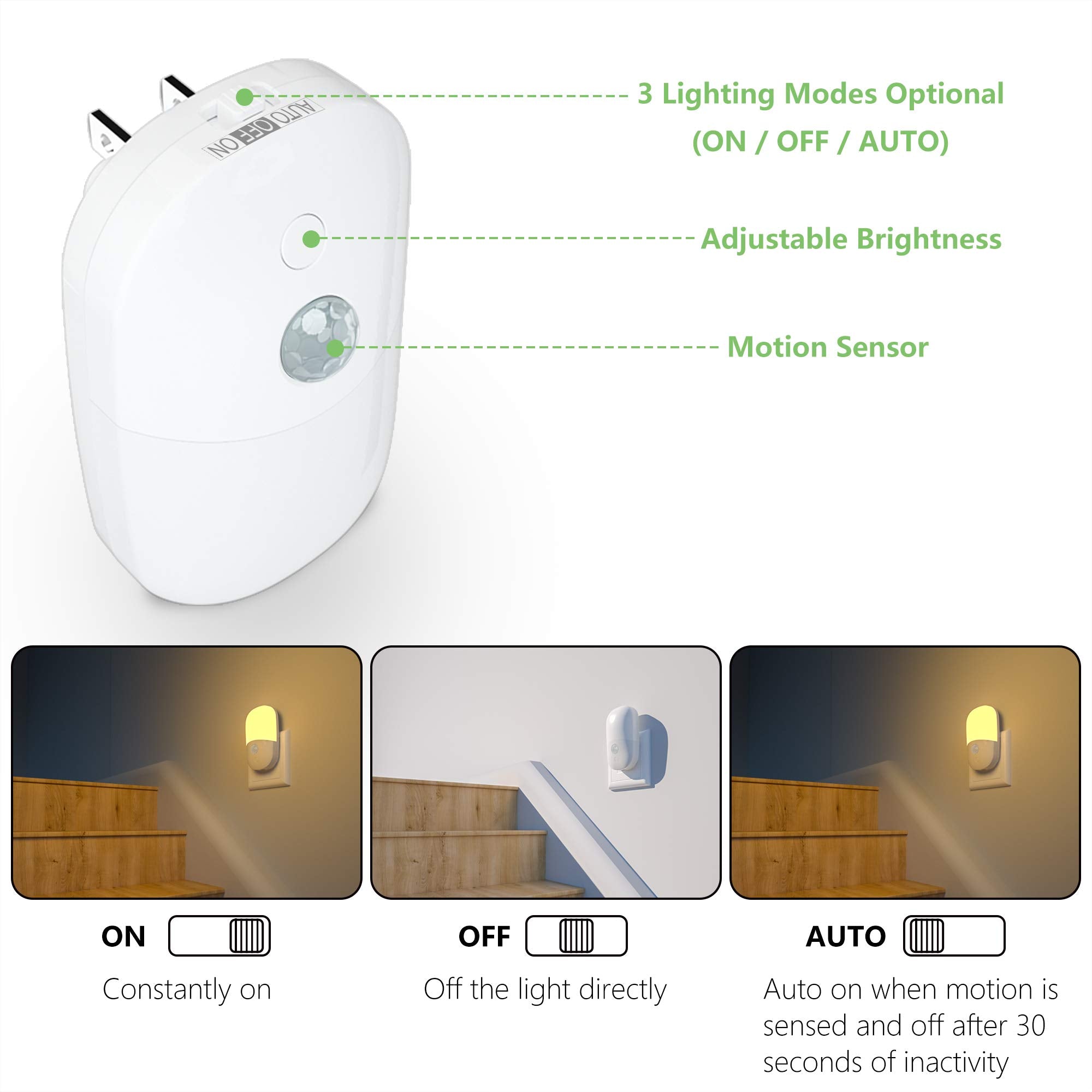 MAZ-TEK Plug in Motion Sensor Dimmable Night Light, Soft Warm White LED Nightlight with Dusk to Dawn Motion Sensor, Adjustable Brightness for Bedroom, Bathroom, Kitchen, Hallway, Stairs,4 Pack