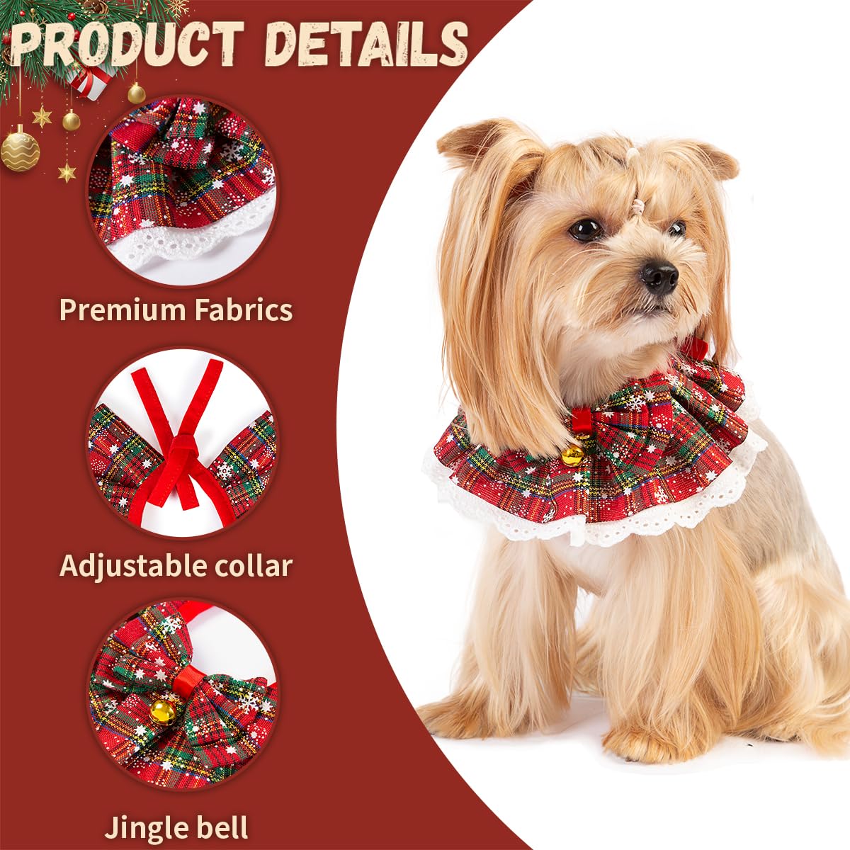 Dog Christmas Outfit – Holiday Dog Bandana with Bells, Plaid Scarf for Small Dogs & Cats, Cute Cat Christmas Outfit for Winter Parties & Photos (S)