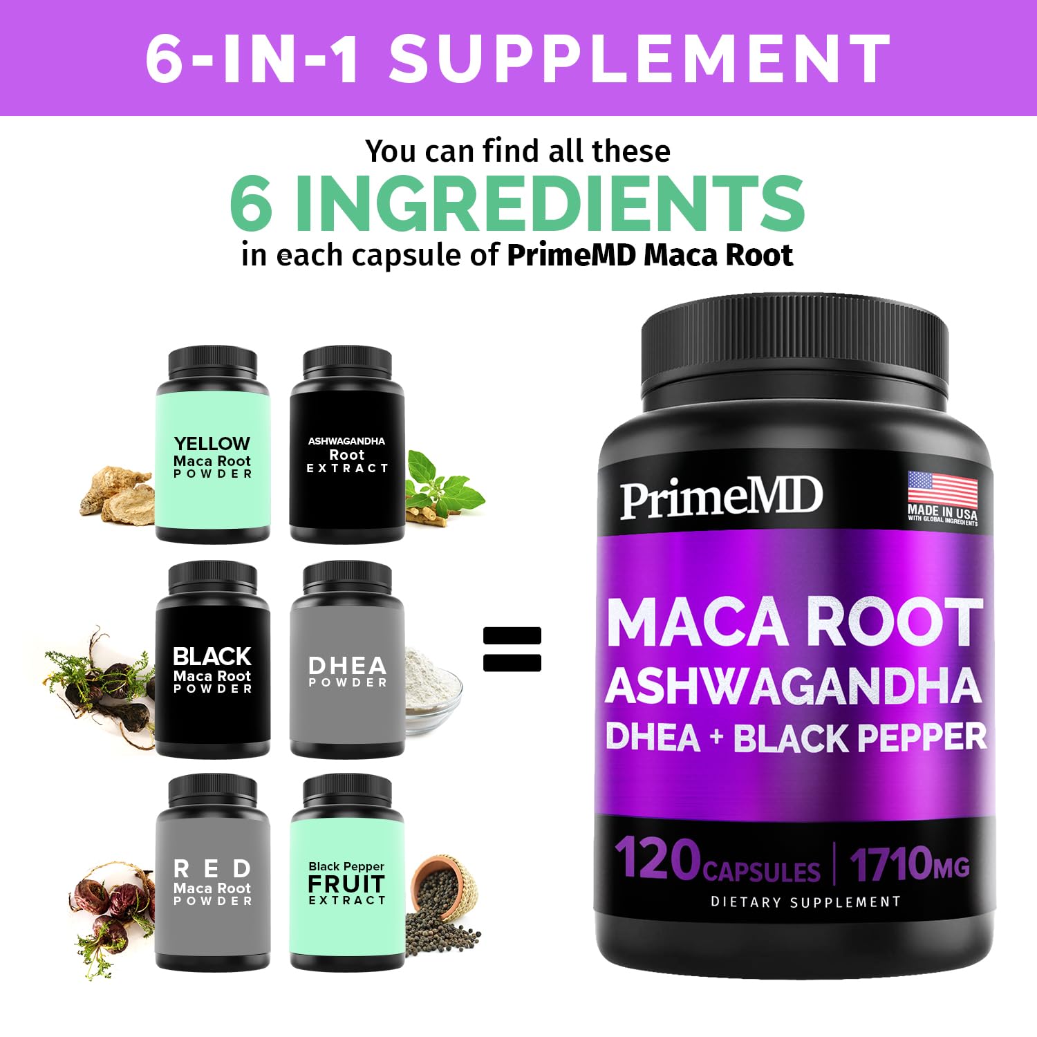 4-in-1 Liquid Biotin Collagen Keratin Saw Palmetto Drops (2 fl oz - 3 Pack) & 6-in-1 Maca Root Ashwagandha w Black Pepper Fruit (120ct) Bundle - Hair, Skin, Nails, Energy & Mood Support Supplement