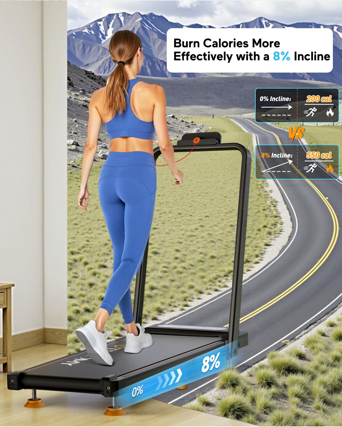 2025 Upgrade Walking Pad Treadmill with 8% Incline & Handle Bar, 3.5HP Portable Treadmill for Home Small, Under Desk Compact Walking Pad 300+lb Capacity, Shock Absorption, 0.6-6mph, Remote, Smart App