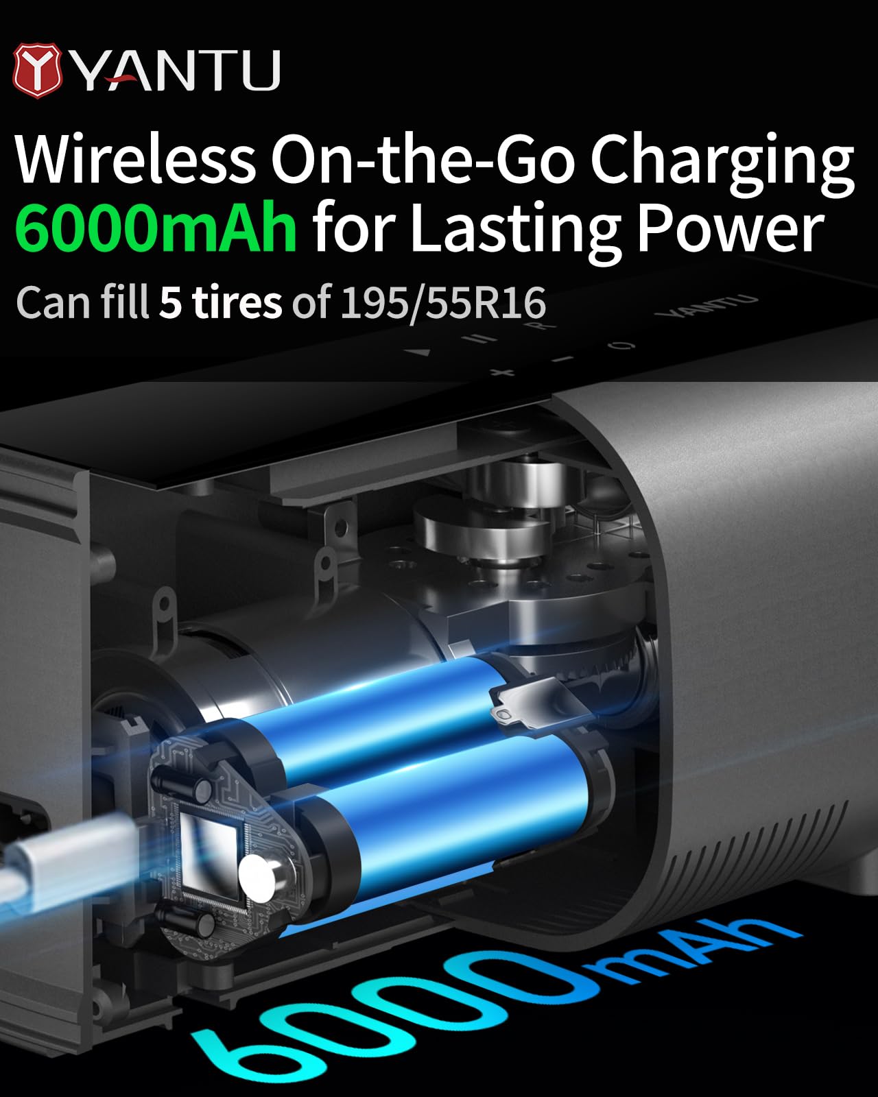 YANTU Dual Cylinder Tire Inflator Portable Air Compressor With 8.3-Inch Large Digital Screen,12V Cordless/battery powered Car Air Pump For Car Tires,Electric Auto Shut Off for Truck/Bike/Pickup/Moto