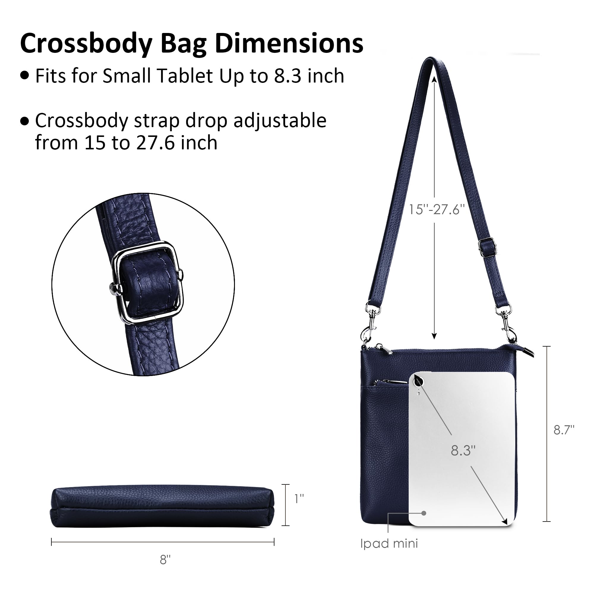befen Small Navy Blue Genine Leather Crossbody Purses for Woman Travel Shoulder Bags with Multiple Zipper Pockets
