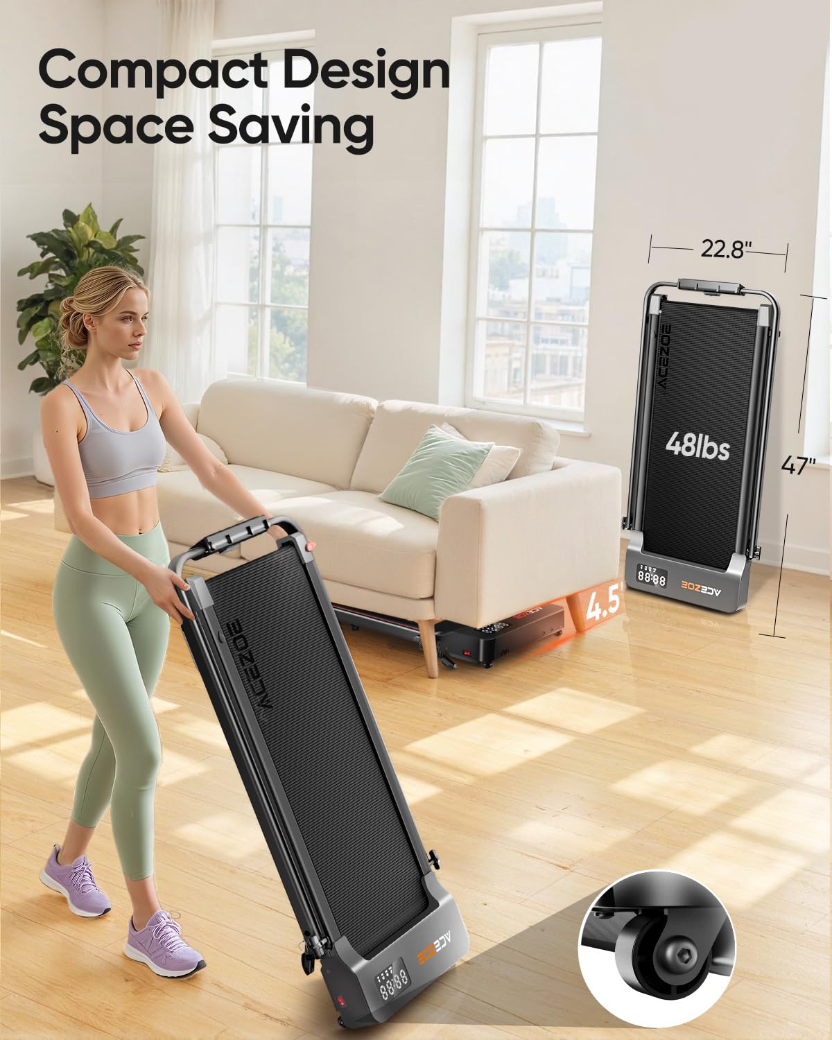Acezoe 2-in-1 Foldable Treadmill with 3-Level 10% Incline, Walking Pad for Home Small Office, Compact Portable Under Desk Treadmill with Handle,Dual LED Display, APP & Remote, 300 lbs Capacity
