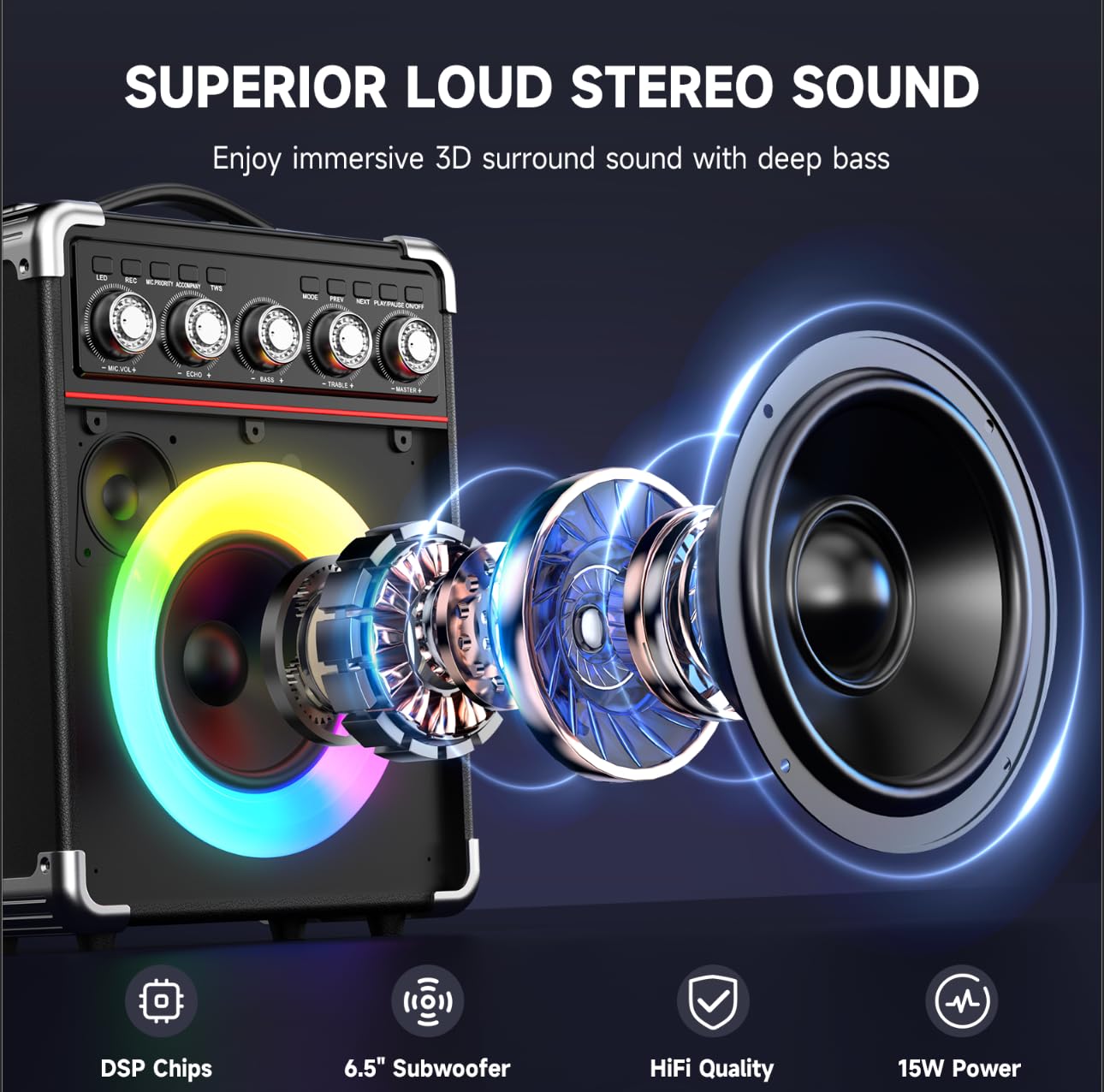 Karaoke Machine with 2 Microphones: HWWR Portable Karaoke Machine for Adults Kids, Bluetooth Karaoke Speaker with Bass/Treble Adjustment, PA System with Remote Control/LED Lights, Support REC/USB/AUX