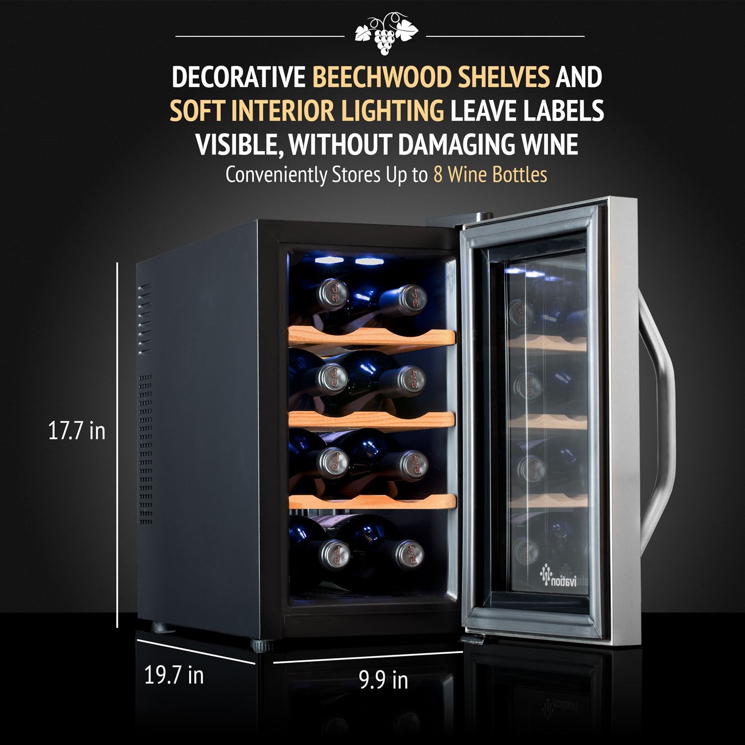 Ivation 8 Bottle Thermoelectric Wine Cooler/Chiller - Stainless Steel - Counter Top Red & White Wine Cellar w/Digital Temperature, Freestanding Refrigerator Smoked Glass Door Quiet Operation Fridge