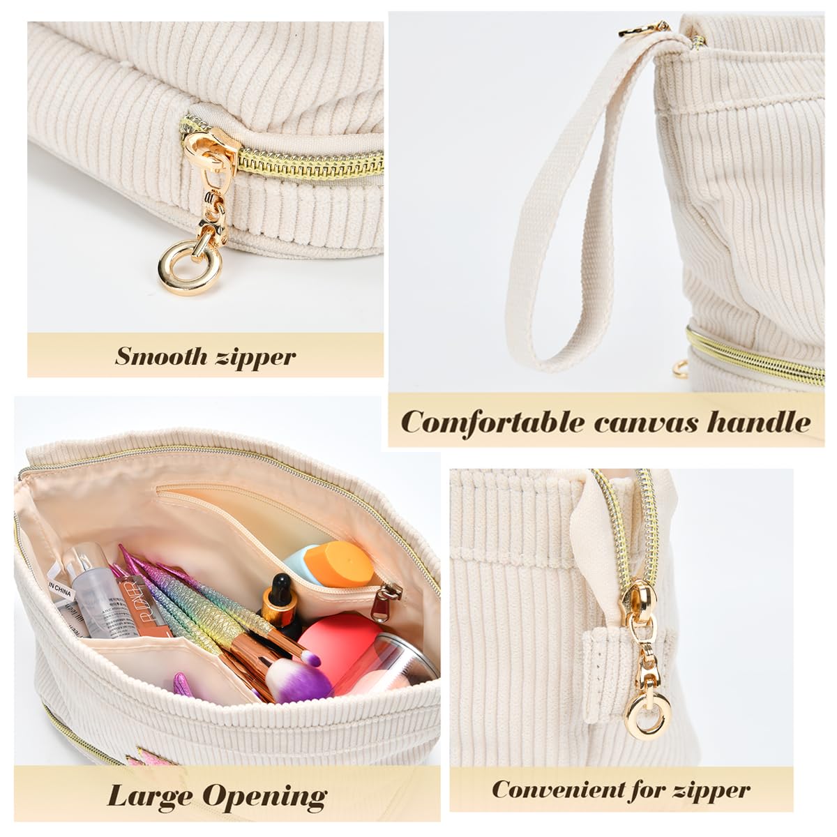 Initial Travel Makeup Bag for Women, Personalized Gift Large Double Layer Make Up Gift Cute Cosmetic Bag for Girl Makeup Pouch Wide-open Roomy Makeup Travel Bags Birthday Gifts for Her Beige - M