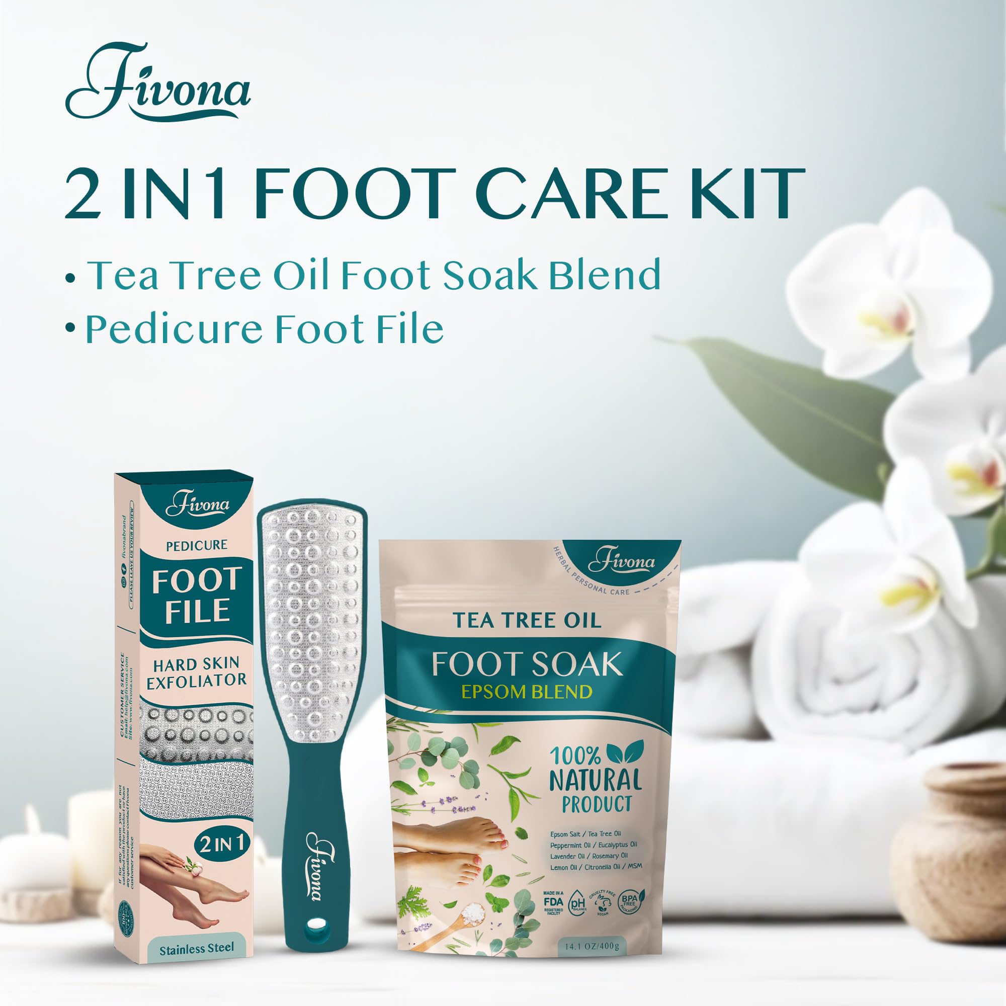Fivona 2 in 1 Foot Care Kit - Epsom Salt Foot Soak Blend with Tea Tree and Essential Oils - Double-Sided Foot File Stainless Steel Pedicure Tool for Cracked Heels, Callus Remover