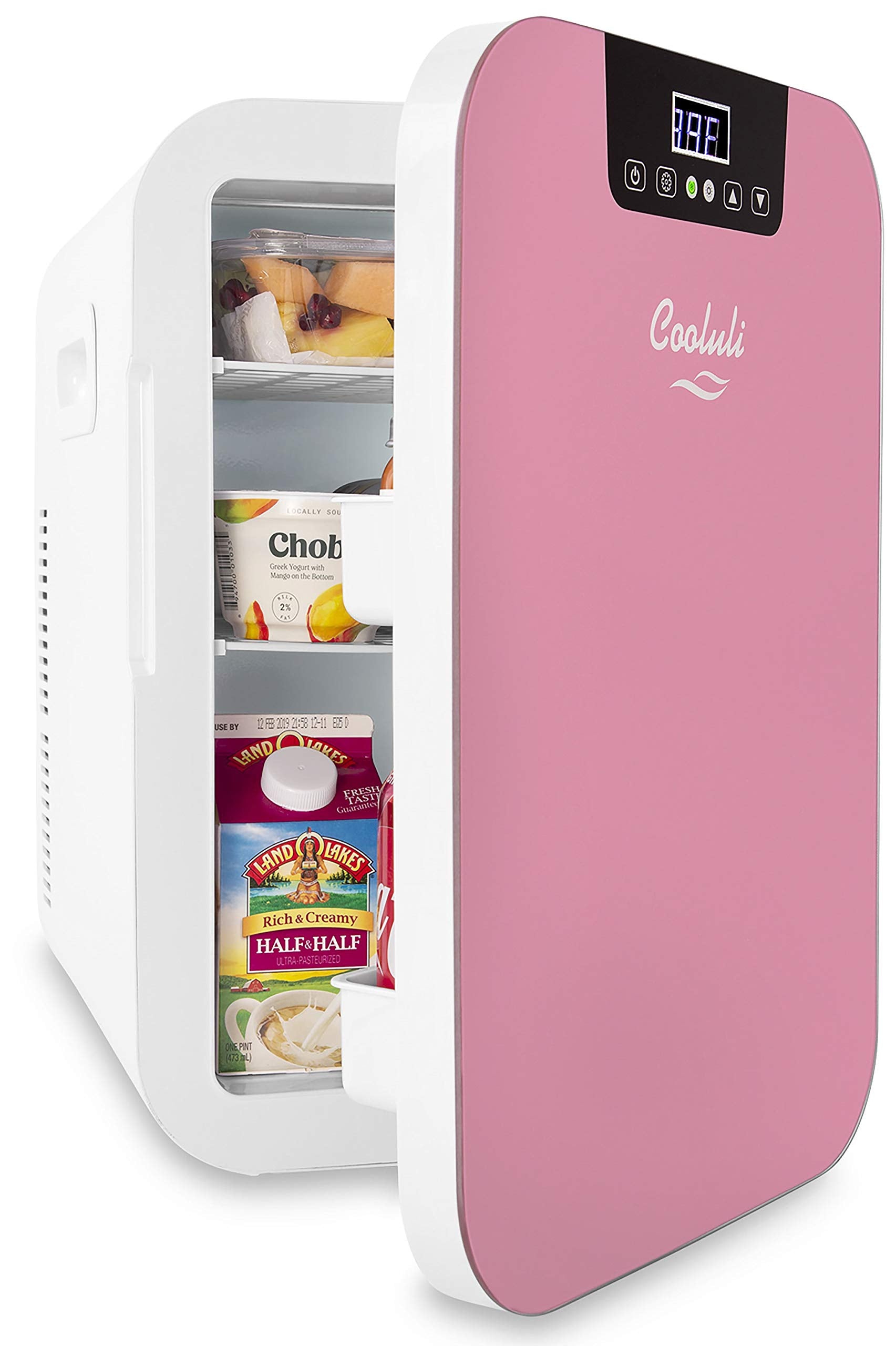 Cooluli 20L Mini Fridge For Bedroom - Car, Office Desk & College Dorm Room - Glass Front & Digital Temperature Control - Small 12v Refrigerator for Food, Drinks, Skincare, Beauty & Breast Milk (Pink)
