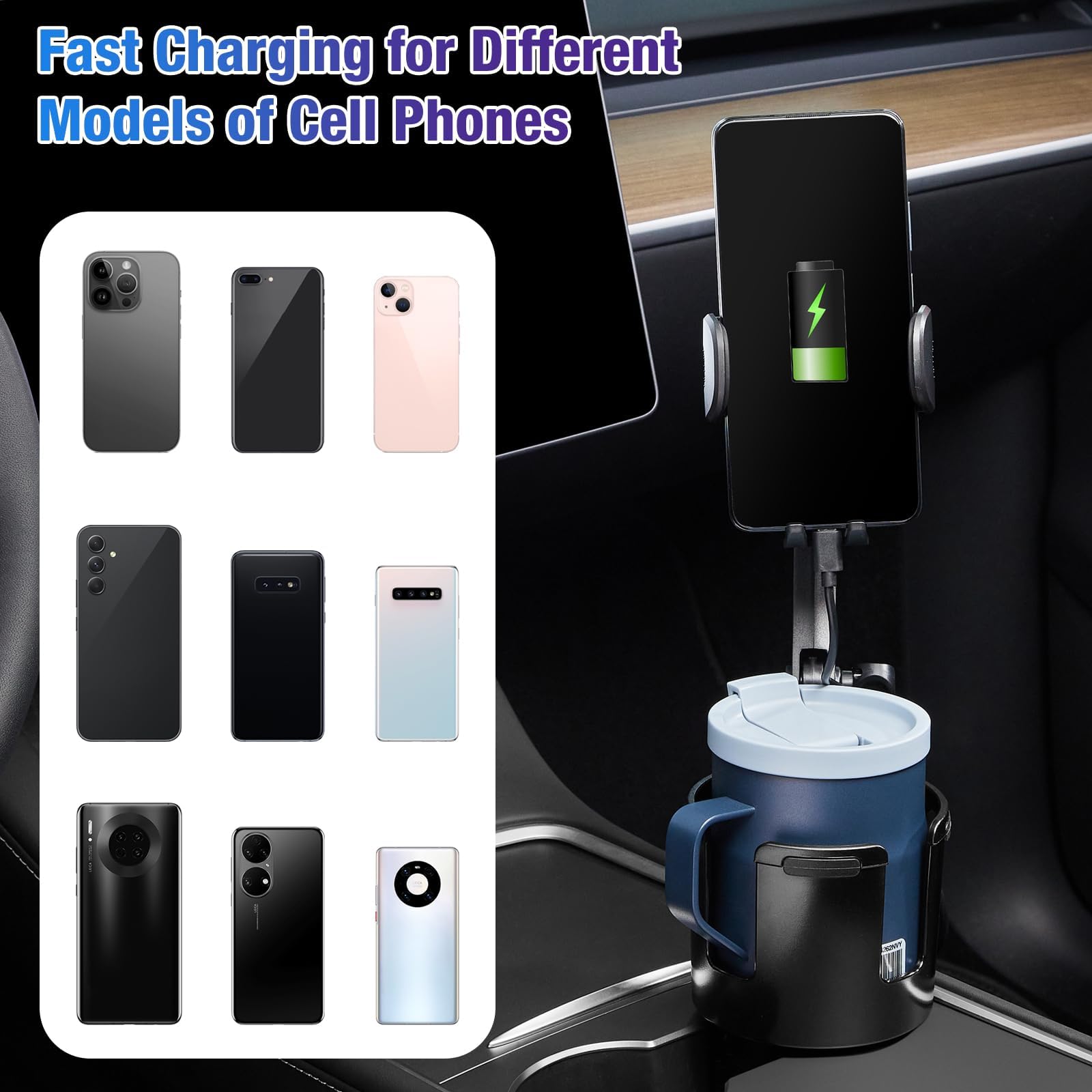 This Hill Cup Holder Phone Charger, 15W Fast Charging Auto Clamping, Phone Holder for Cup Holder Charger with Adjustable Base & 360° Rotation Compatible for All Smartphones(with Car Adapter)