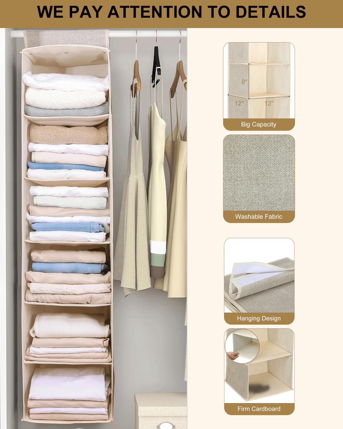 NEATJELAI 2 Pack Hanging Closet Organizer 6 Tier Large Hanging Shoe Organizer Shelves for Closet Wardrobe Baby Clothes Organization and Storage, Foldable Design, Beige,12" D x 47" W x 12" H