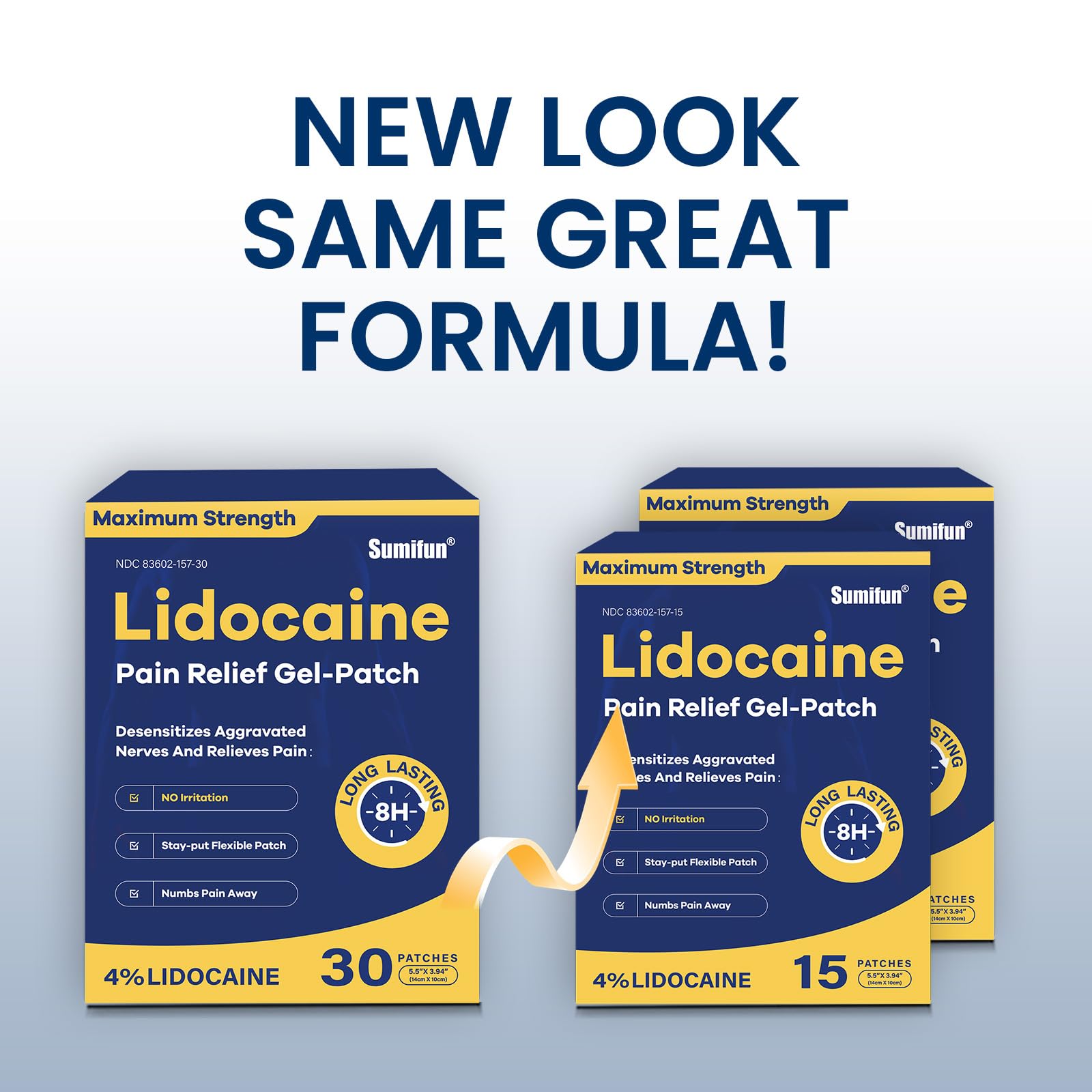 Sumifun 4% Lidocaine Pain Relief Patches 30 Count Maximum Strength Numbing Gel Patch for Back Knee Neck Joint Ache Muscle Soreness Topical Analgesic FSA or HSA Eligible