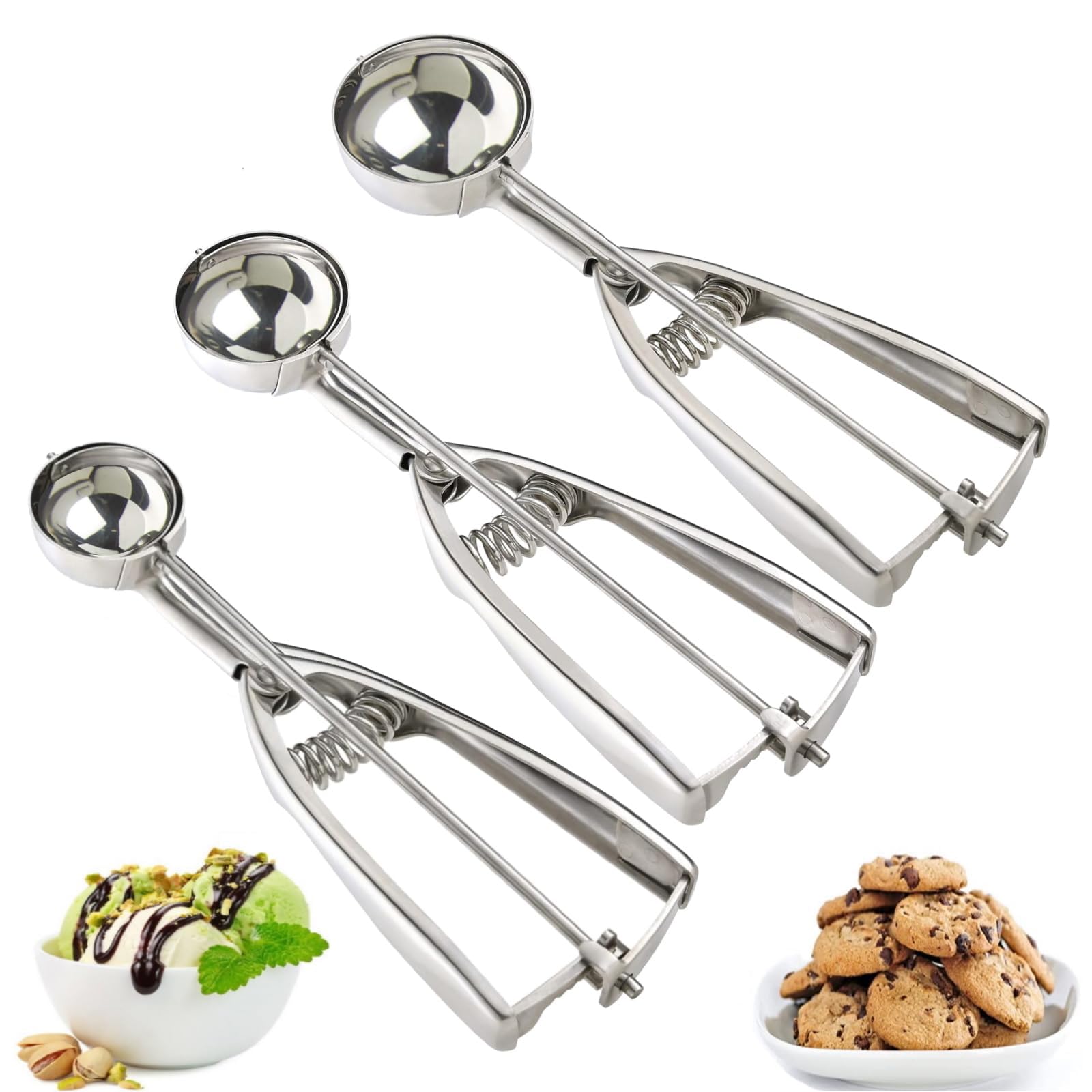 Ice Cream Scoop, 3Pcs Cookie Scoop Set, 18/8 Stainless Steel Cookie Dough Scoop, Cookie Scoops for Baking Set of 3, Ice Cream Scooper with Trigger Release, Cookie Scooper for Baking