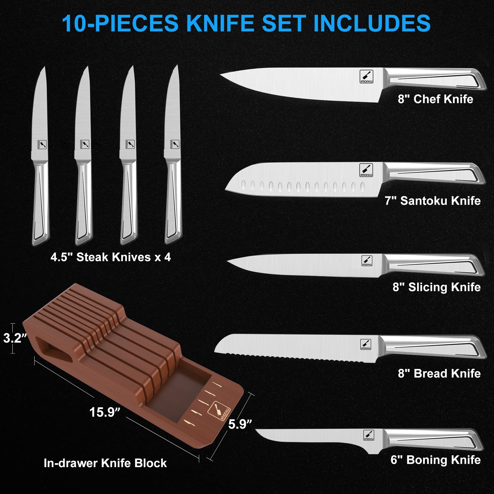 imarku Knife Set, 10 PCS Japanese Stainless Steel Knife Block Set, Kitchen Knife Set with Wooden Drawer Organizer, Drawer Knife Set,Dishwasher Safe, Ultra Sharp Chef Knife Set, Gifts for Women Men