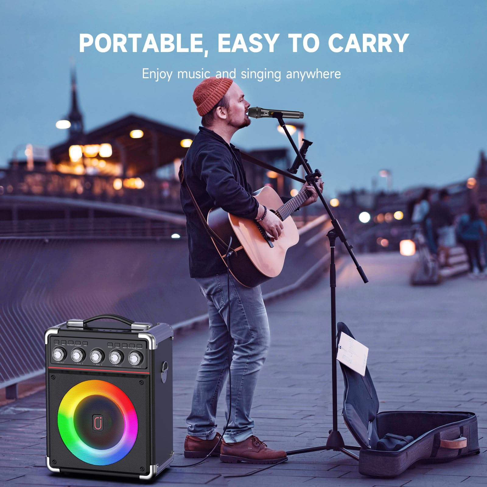 Karaoke Machine with 2 Microphones: HWWR Portable Karaoke Machine for Adults Kids, Bluetooth Karaoke Speaker with Bass/Treble Adjustment, PA System with Remote Control/LED Lights, Support REC/USB/AUX