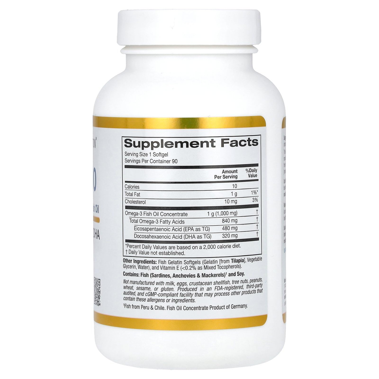 California Gold Nutrition Omega 800 Ultra-Concentrated Omega-3 Fish Oil, kd-pur Triglyceride Form, 1,000 mg, 90 Fish Gelatin Softgels